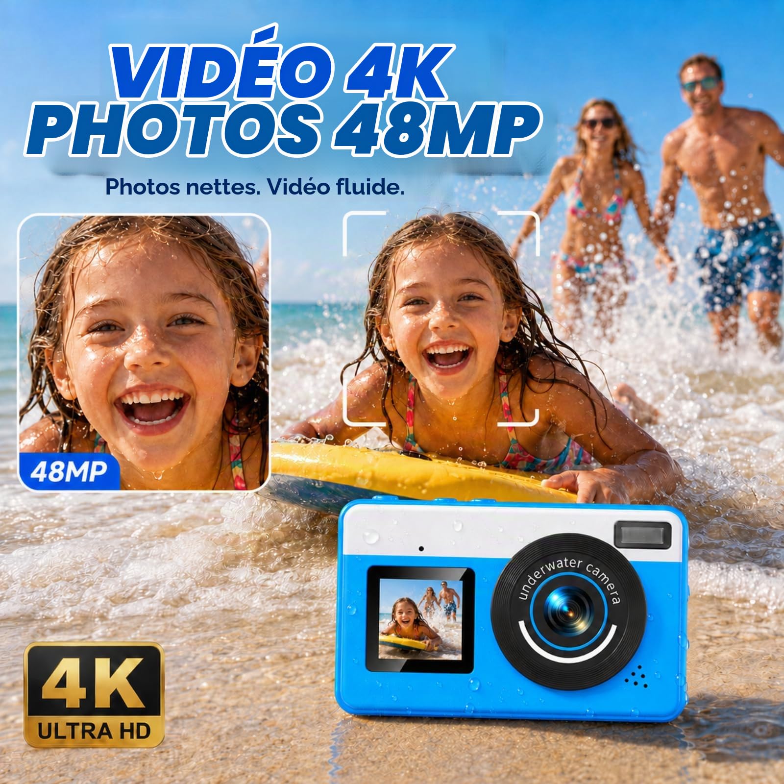 Maxmango D70 Appareil Photo Etanche Numérique 4K - Double Écran Selfie, Étanche 10FT - Autofocus, Zoom 18X- Parfait pour la Plongée, Le Snorkeling et la Natation - Inclut Carte 16 Go