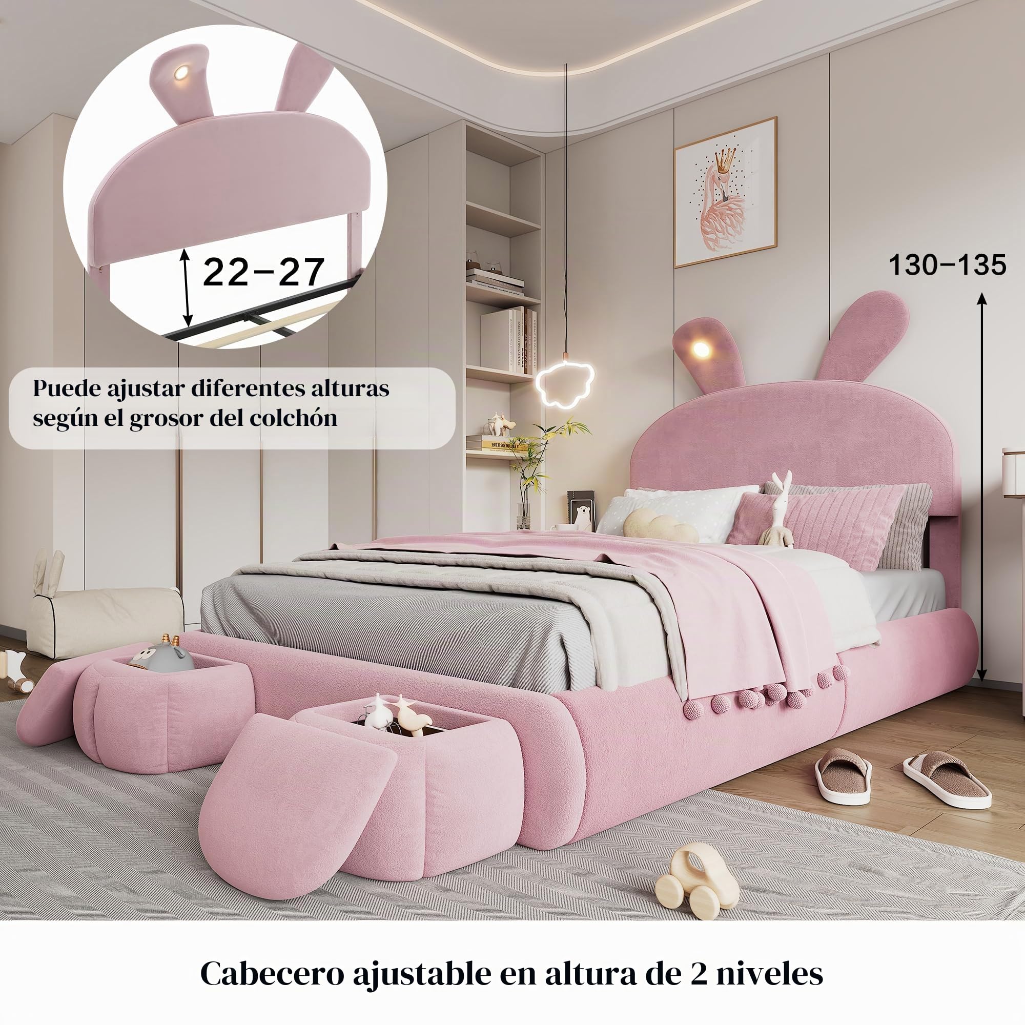 Camas Matrimoniales Cama Tapizada 140x200 cm con Forma de Conejo y LED, Camas Juveniles con 2 Taburetes y Cabecero Ajustable, Cama Niña, Estructura Metálica, Rosa, Terciopelo, Sin Colchón