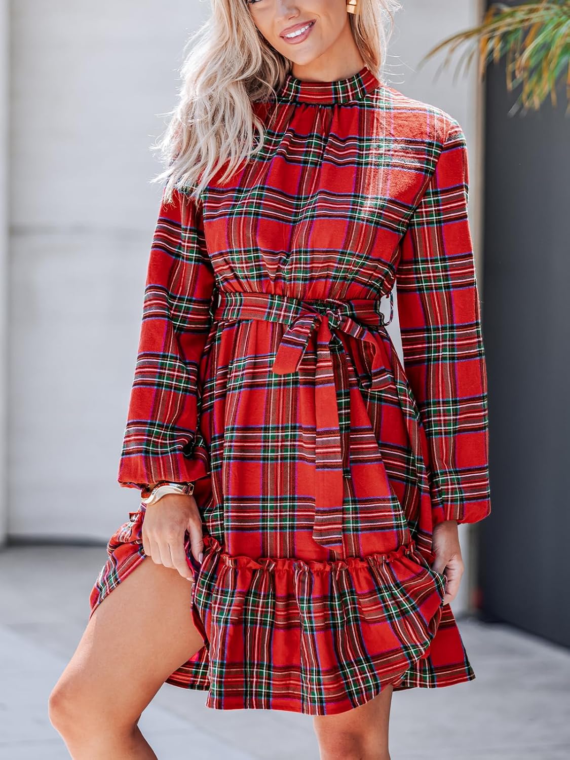 CUPSHE Women's Winter Christmas Dress High Neck Plaid Tie Back Long Sleeve Belted Ruffled Hem Mini Dresses - Image 9