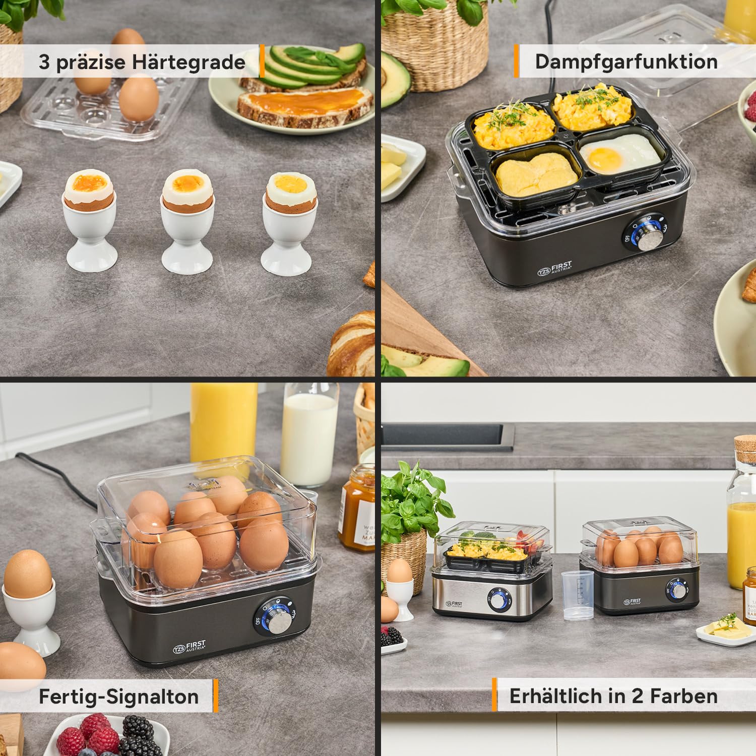 TZS First Austria Eierkocher Grau - 8 Eier Kapazität - 4 Kochstufen inkl. Dampfgarfunktion - Automatische Abschaltung mit Signalton - Trockenkochschutz - Messbecher & Pochierschale - Kompakt & Leicht