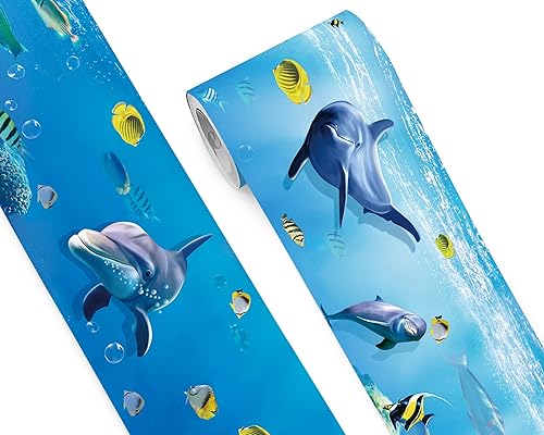 Vista 265 de FLFK Calcomanías de pared para despegar y pegar, para habitación de los niños, calcomanías de peces bajo el mar, 4 x 240 pulgadas (azul)