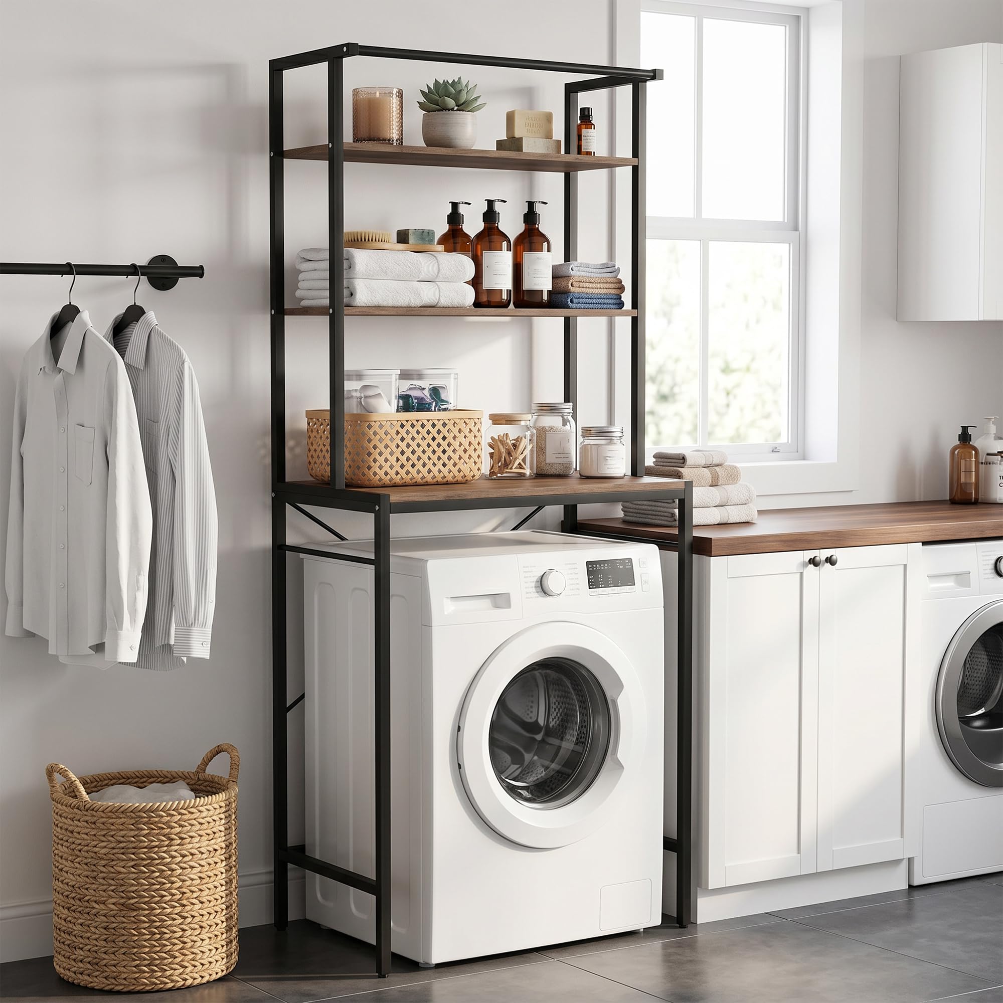 HOMCOM Mobile Sopra Lavatrice Coprilavatrice 67x40x161.8cm Marrone/Nero | Ripiani, Barra Appendiabiti, Scaffale Coprilavatrice Asciugatrice, Bagno e Lavanderia