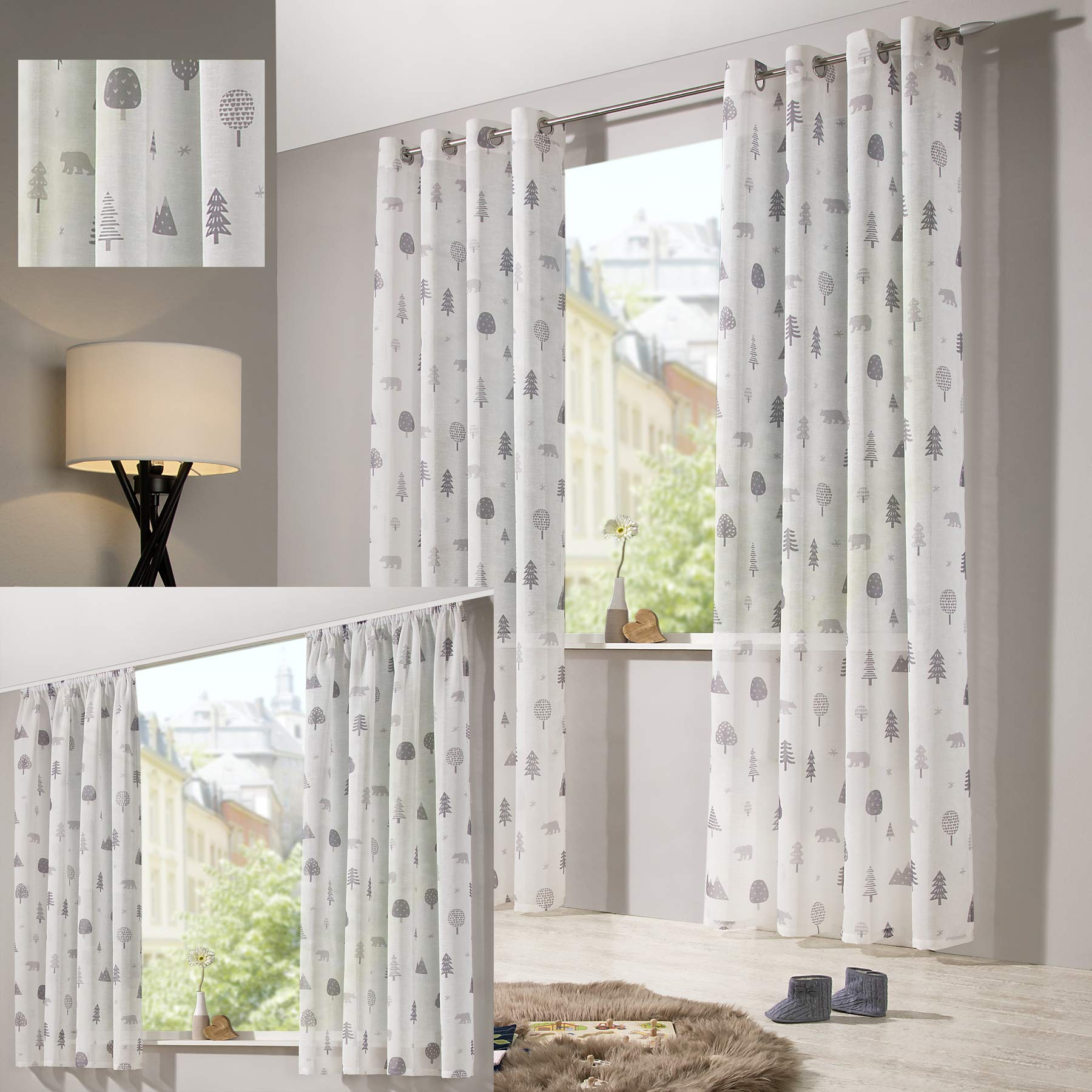 heimtexland ® Vorhang Kindergardine Leinen Optik Natur Grau Skandinavisch Wald Bär Gardine transparent Kinderzimmer Ösenschal Ökotex Typ563 Weiß - Grau mit Ösen I HxB 245x135 cm