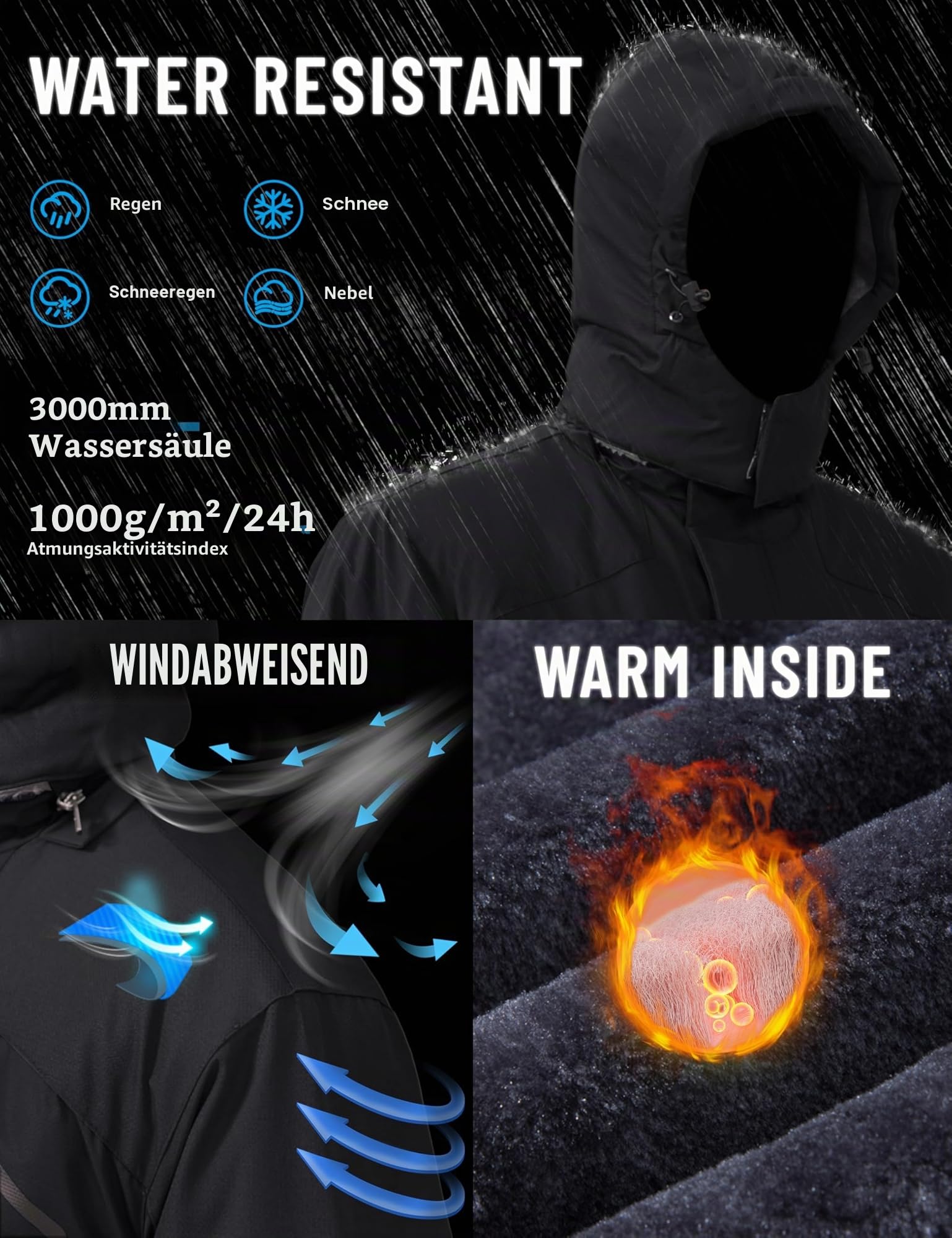 TACVASEN Herren Winterjacke Wasserdicht Winddichte Fleece-Futter Ski Regenmantel mit Kapuze