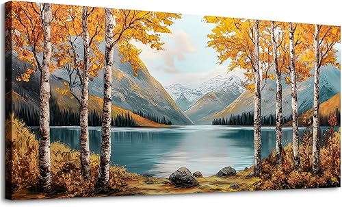 SLYCAY Impresiones artísticas grandes de paisaje para pared, bosque de abedul Goden, cuadros de pintura en lienzo, naturaleza, lago, montaña,