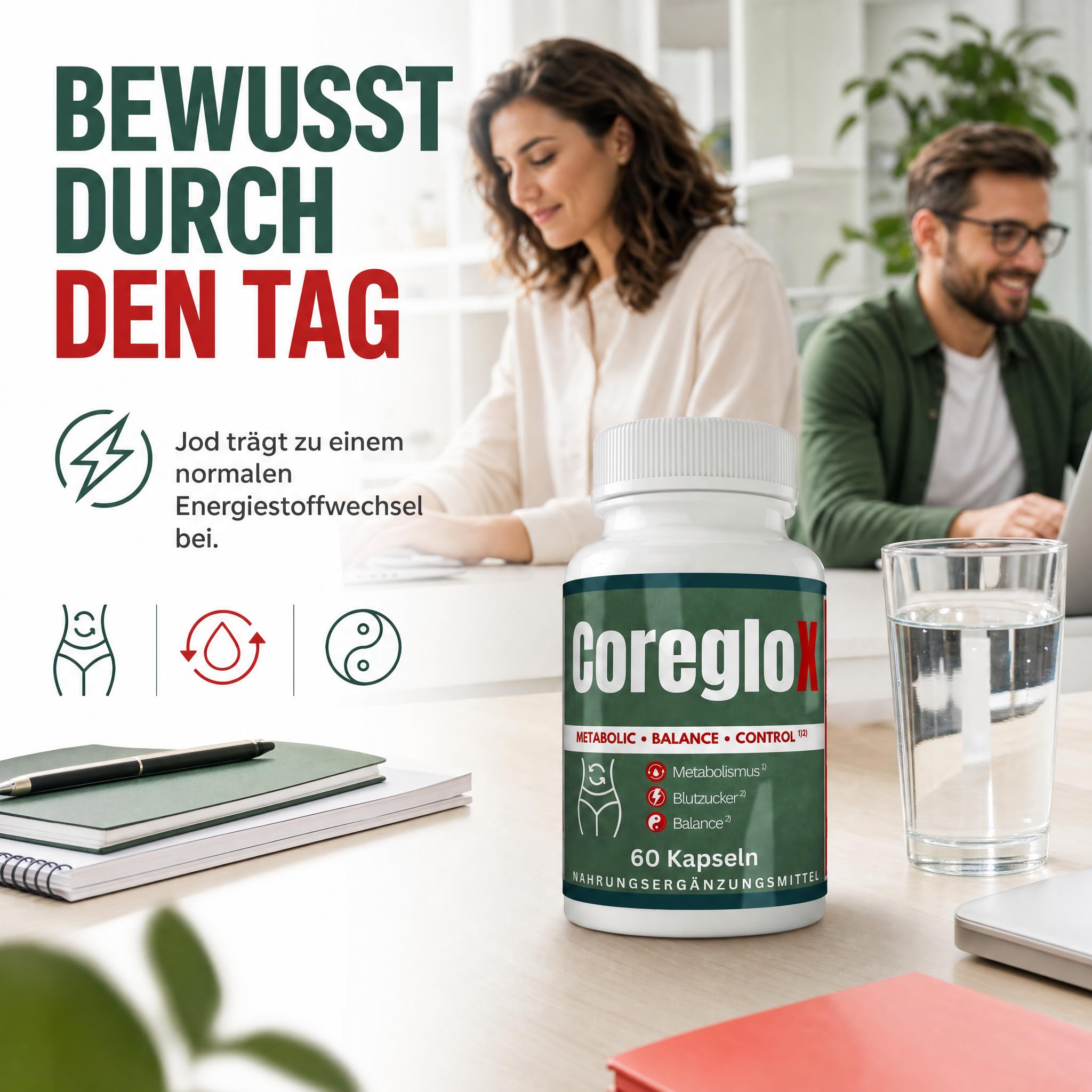 CoreGLO X 60 Stoffwechsel Kapseln mit Chrom & Jod, Original von ZENICAPS – Chrom für normalen Makronährstoffwechsel, Jod für Energiestoffwechsel – mit Grüntee, grünem Kaffee, L-Carnitin & L-Tyrosin