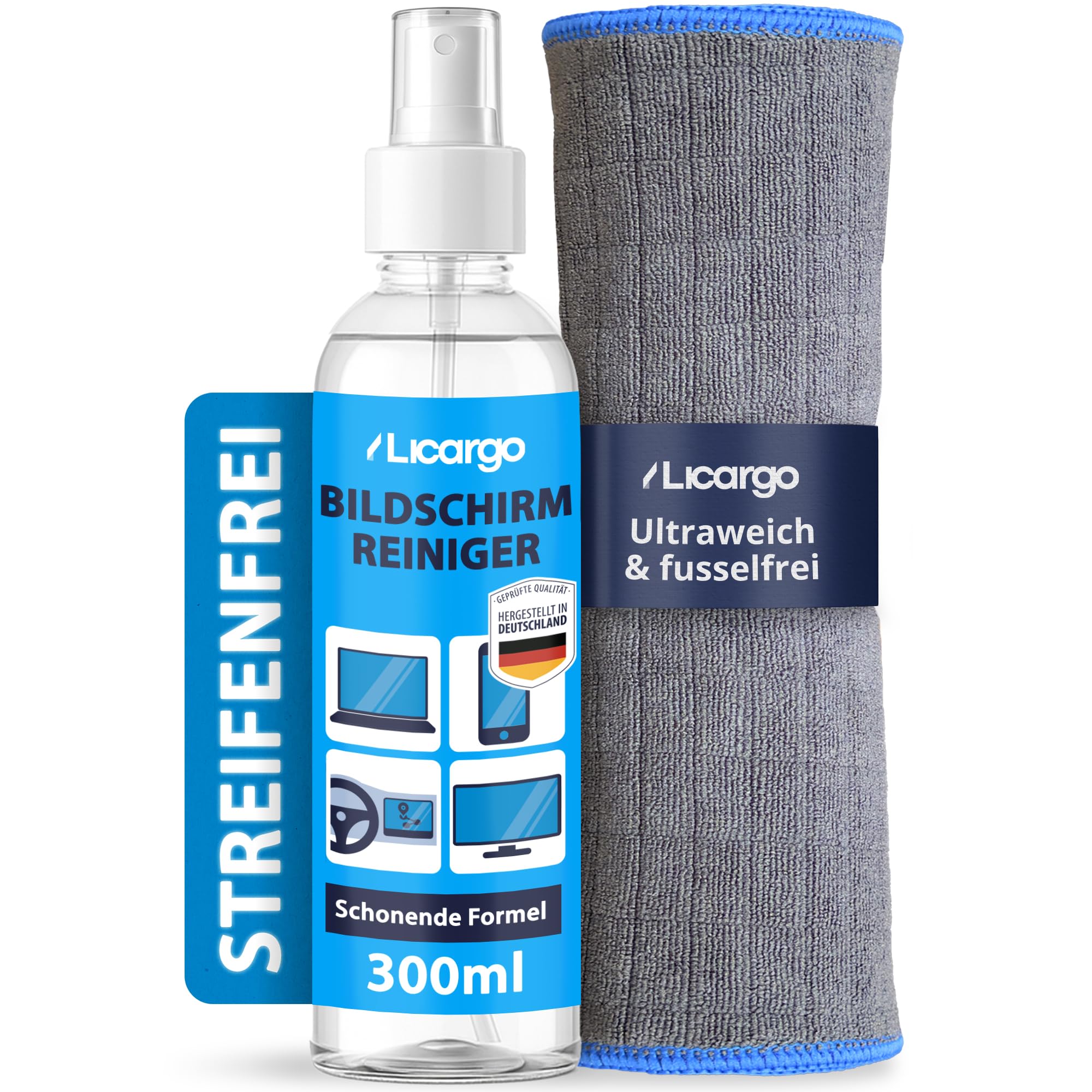 LICARGO Bildschirmreiniger Set 300ml - Streifenfrei & schonend - Display Reiniger mit Mikrofasertuch 380 GSM - Screen Cleaner für TV (LCD, LED, OLED, QLED, TFT) Monitor, Laptop, Tablet & Handy