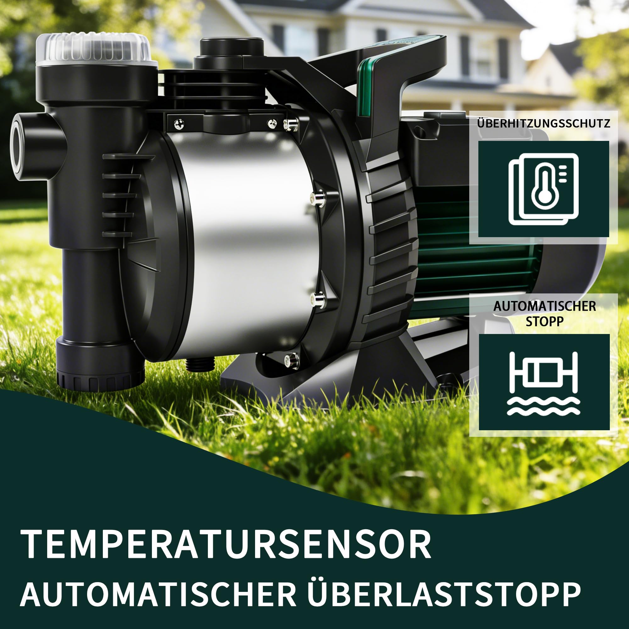 LANCHEZ Gartenpumpe 5000 l/h Fördermenge, Leistung 1300 W, Förderhöhe 50 m, Mit Filter, Wasseranschluss und Ablass, Ansaughöhe bis zu 7 m, Wasserpumpe für Regenfässer, Zisternen, Gartenteiche