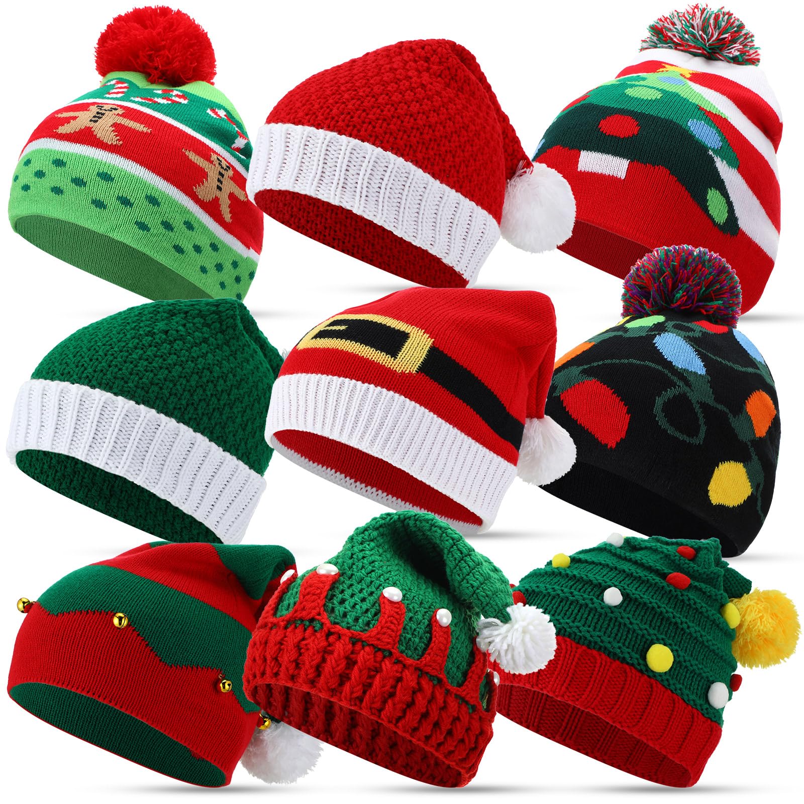 Lasnten 9 Stück Weihnachtsmützen Strickmütze Weihnachtsmütze Elf Beanie für Erwachsene Winter Lustige Beanie mit Pom Pom für Urlaub Damen Herren, In verschiedenen Farben erhältlich, Einheitsgröße