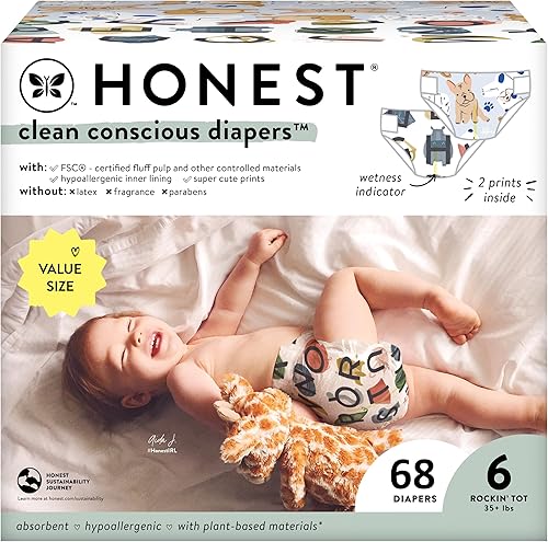 The Honest Company Pañales Clean Conscious A base de plantas, sostenibles All The Letters + It's a Pawty Super Club Box, tamaño 6 (35+ libras),