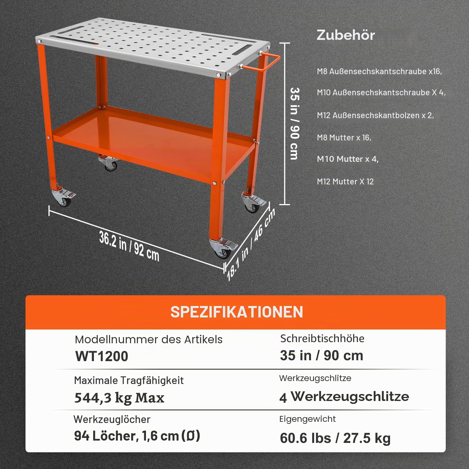 VEVOR Mobiler Schweißtisch 91,4x45,7cm Schweißwerkbank 544kg Tragfähigkeit Lochtisch 94 Löcher (φ 1,6cm) Werkbank Kohlenstoffstahl Arbeitstisch Schweißwagen mit Rädern 4 Werkzeugschlitzen