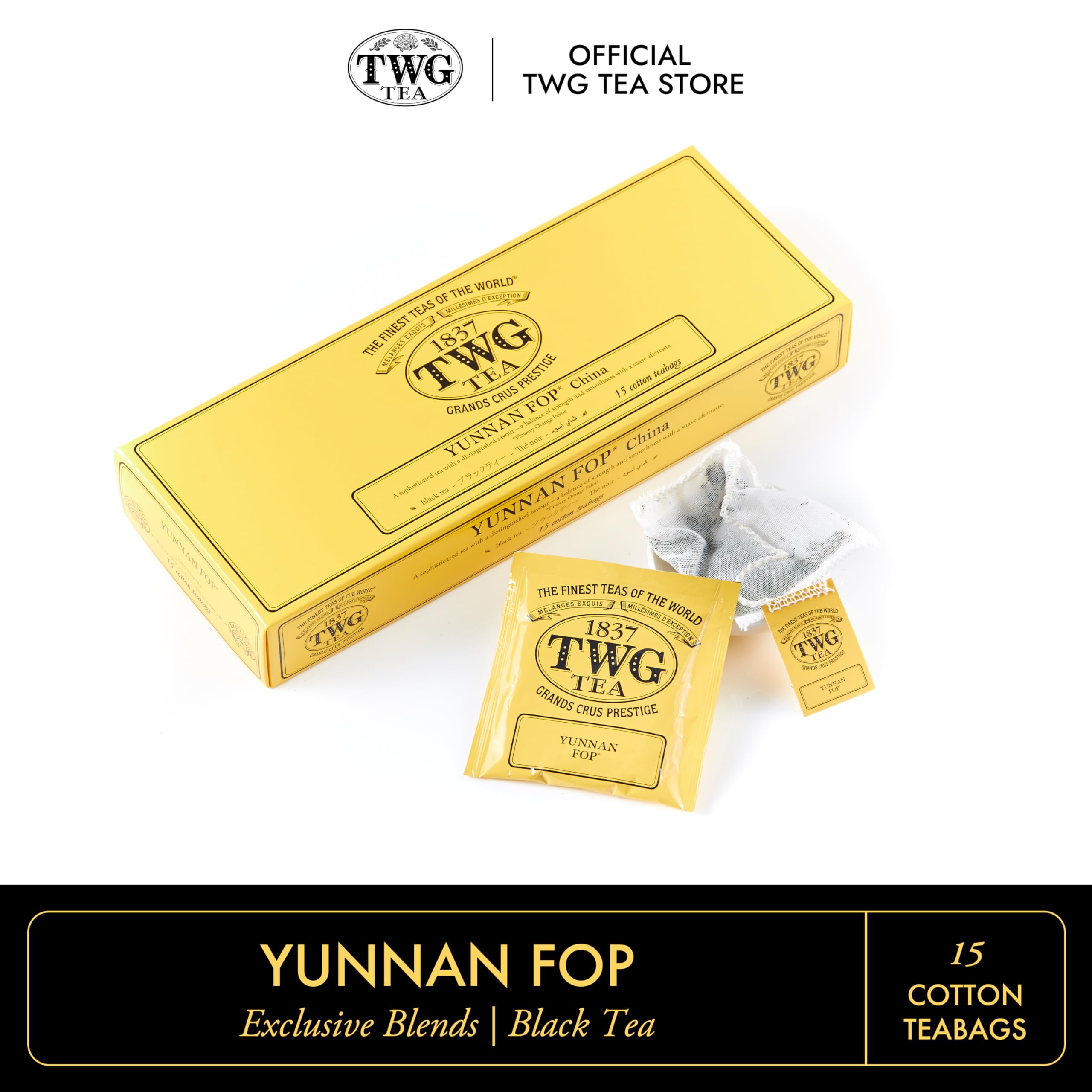 TWG Tea | Yunnan FOP | Black Tea | Earthy Suave Aftertaste | 15 Hand Sewn Cotton Teabags | Gift Set