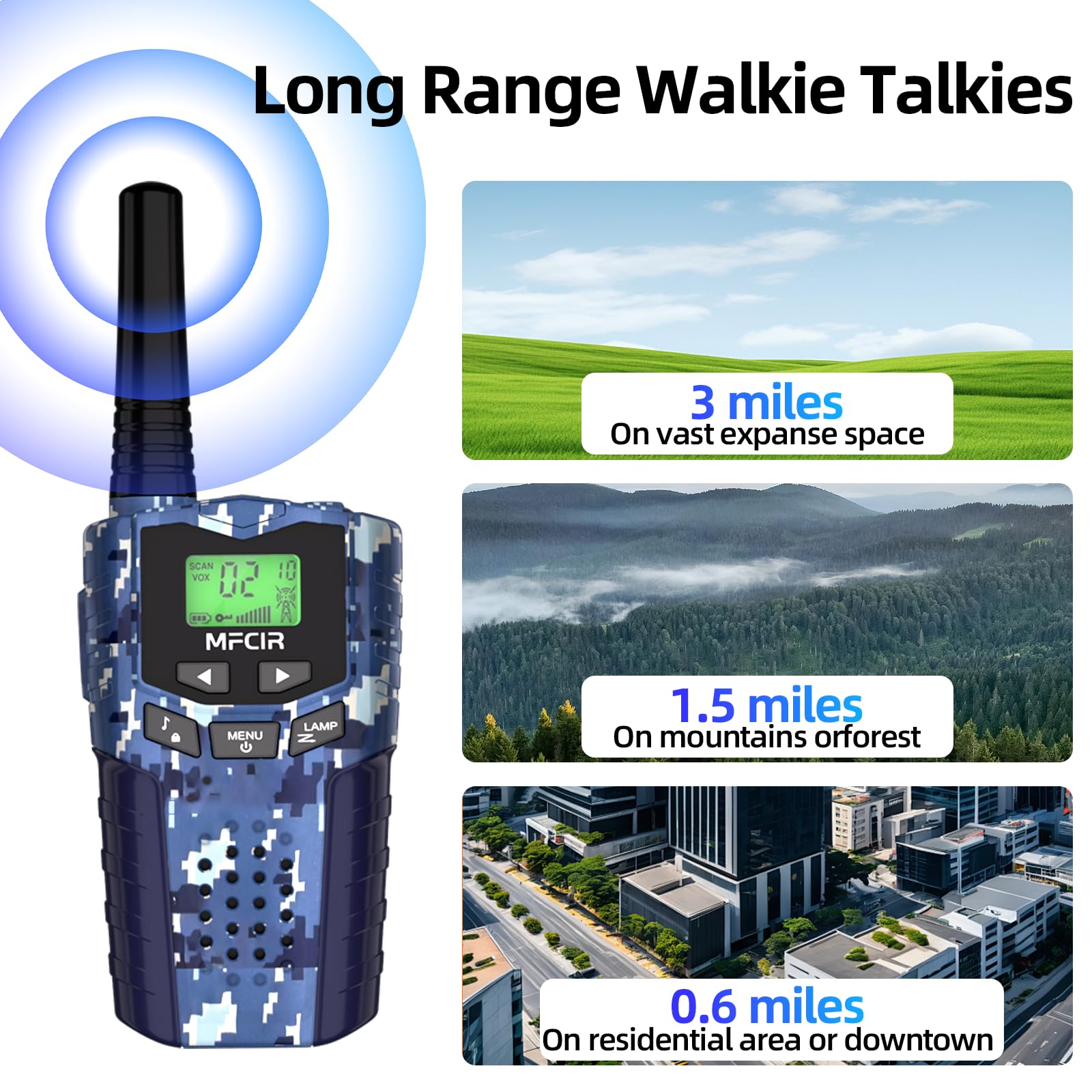 Walkie Talkies de camuflaje recargables para niños, paquete de 3 unidades de largo alcance, trabajo de 48 horas en espera 7D, linterna LED, juegos de campamento al aire libre, juguetes regalos para 4