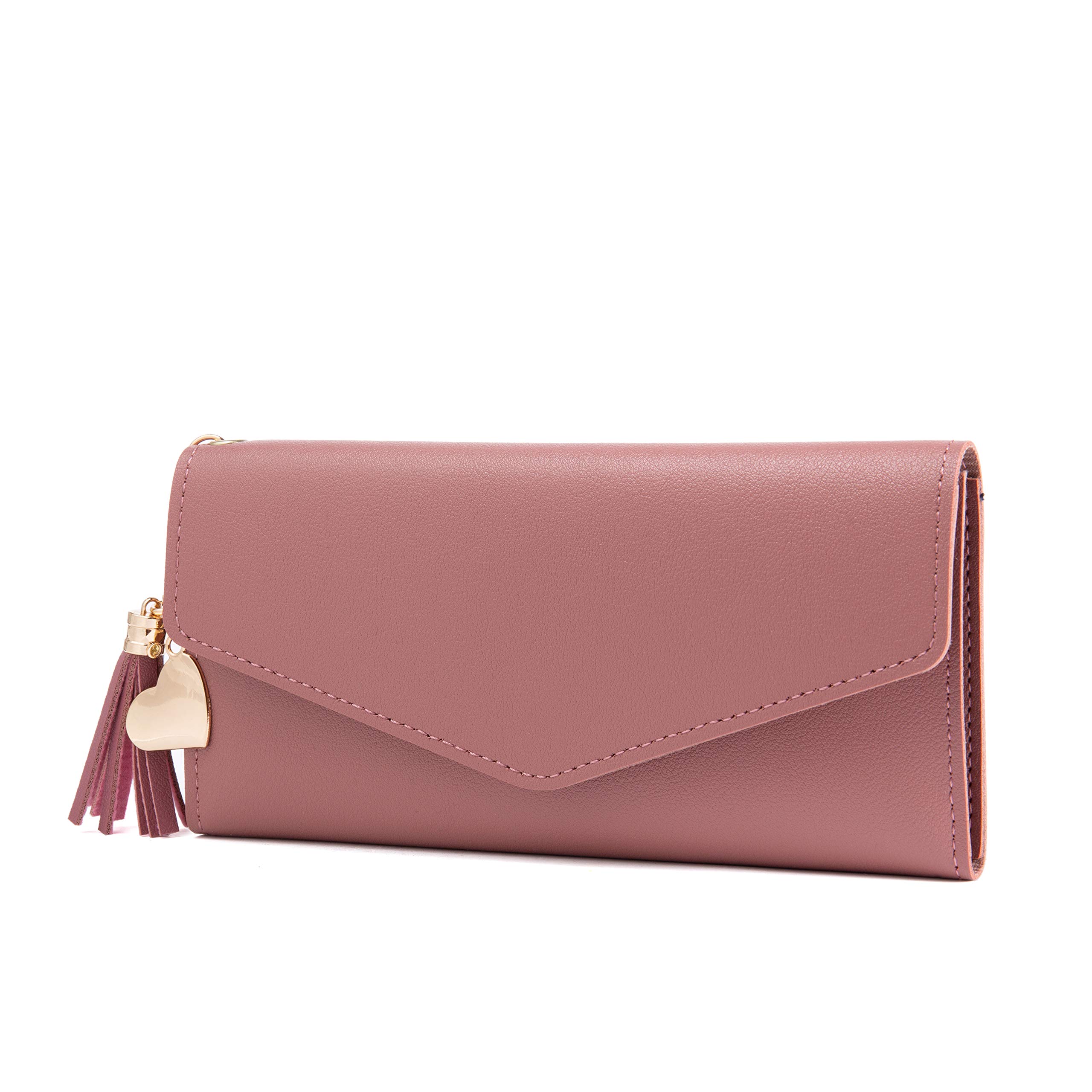 TDNE Wallet for Women Leather Slim Clutch Long Designer Bifold RFID Blocking Ladies Purse Coin Holder Credit Card Holder (Rose Red)