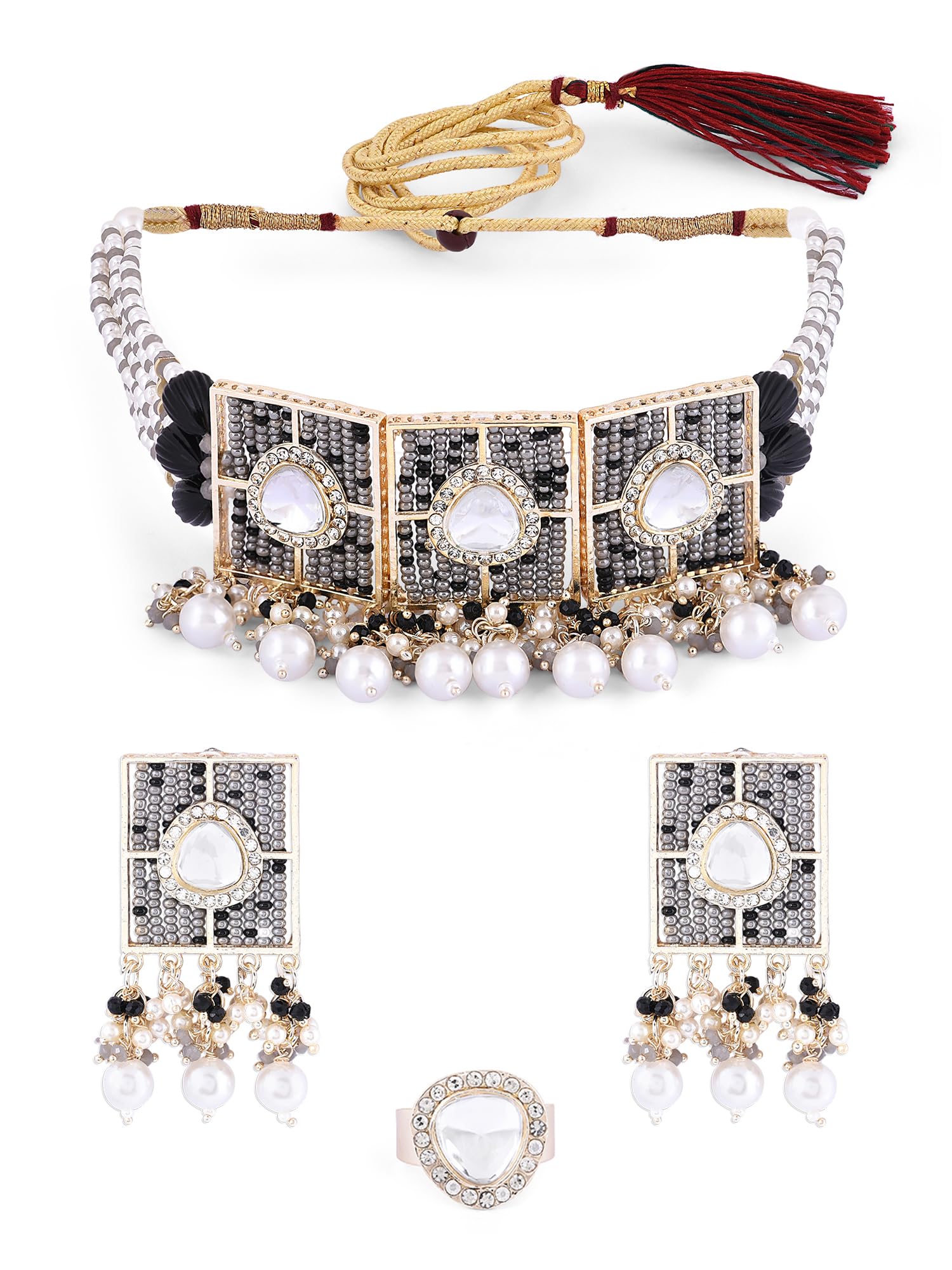 ZAVERI PEARLS Black & Grey Multistrand Beaded Cluster Choker Necklace Earring & Ring Set For Women-ZPFK16506 (B0CGHWSPPN) Amazon Price History, Amazon Price Tracker