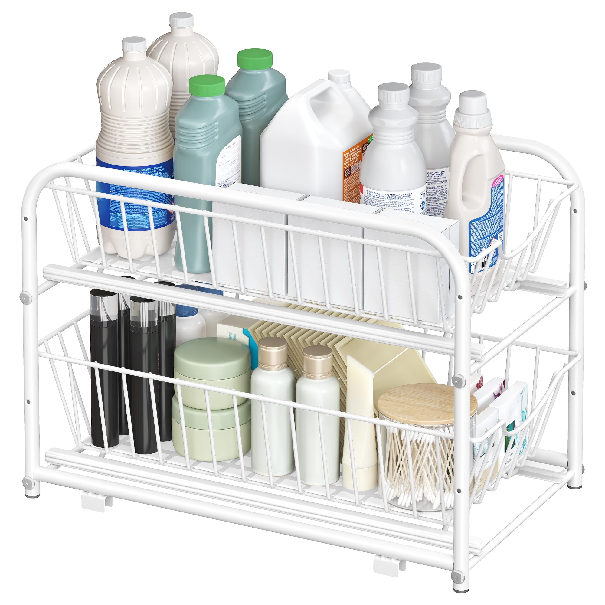 Songmics Matte White Cupboard Organiser, 2-Tier Under Sink Storage Organiser With Sliding Basket Drawers, Stackable Cabinet Organiser For Kitchen, Bathroom, Kcs017w01v1