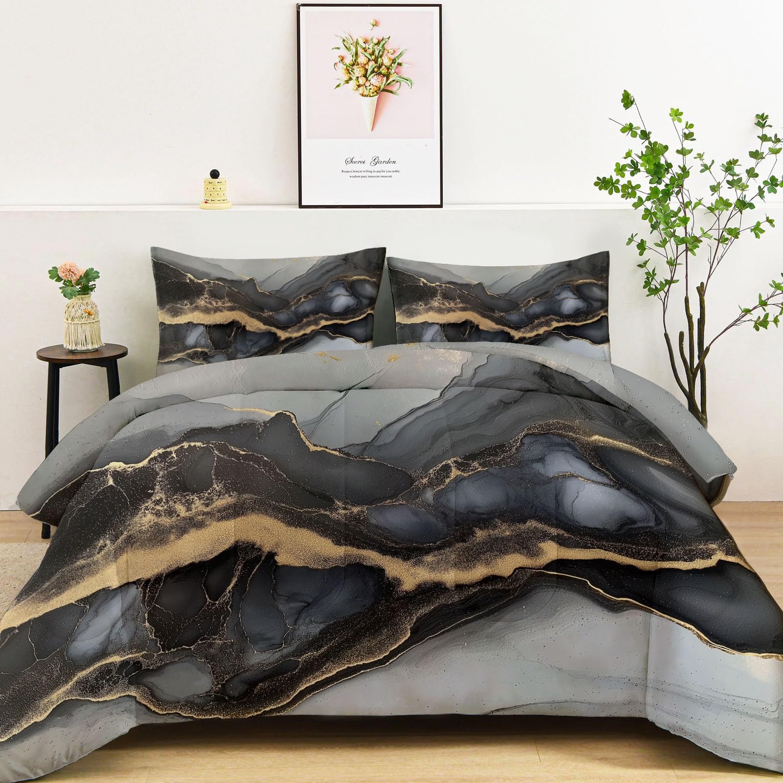 General Edredón Reversible para Todas Las Estaciones 220×240 cm - Sencillo Mármol Texturas Grueso y Suave, Relleno Alternativo de Plumón, Hipoalergénico, Ligero y Lavable a Máquina Gris Oscuro