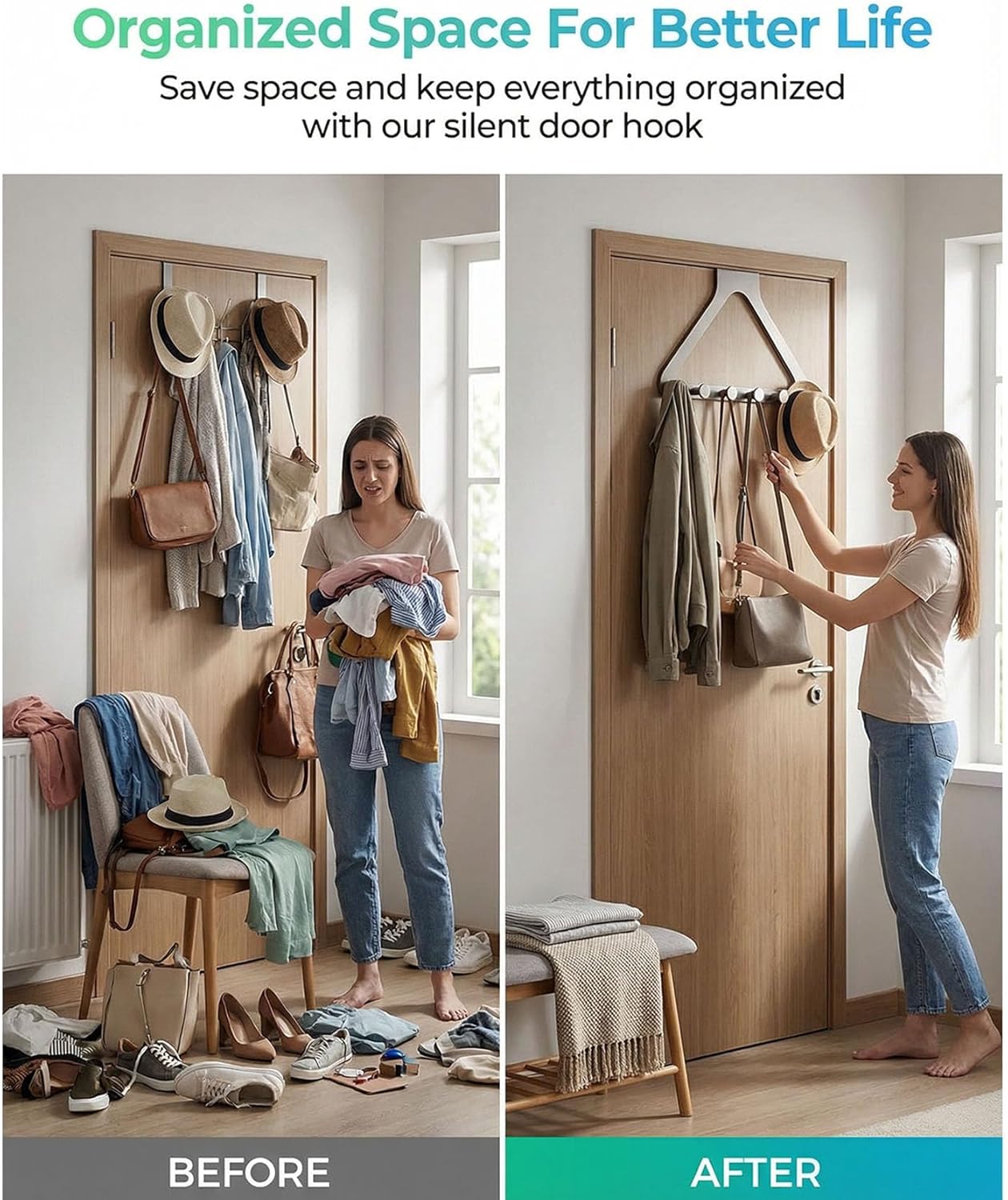 ver-the-Door Hanger Rack, No-Drill Heavy Duty Storage Organizer for Coat, Hat, Scarf, Towels, Tool-Free Damage-Free Installation, Fit Most Doors for Bedroom, Bathroom, Entryway, Perfect for Renters