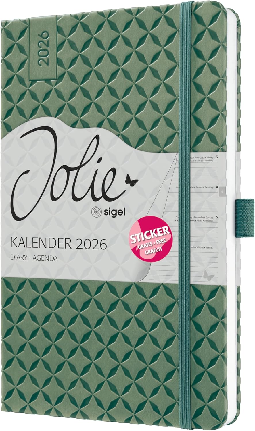SIGEL J6135 Weekly Planner 2026 A5, Jolie, Green, Hard Cover, Elastic Band, Pen Loop, Slip Pocket, 174 Pages, Book Calendar, Diary