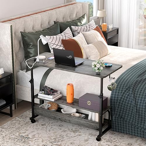 Miniatura 7 de Escritorio de pie ajustable de 39 pulgadas de altura con tomas de corriente, escritorio de pie manual rodante con ruedas, pequeño escritorio