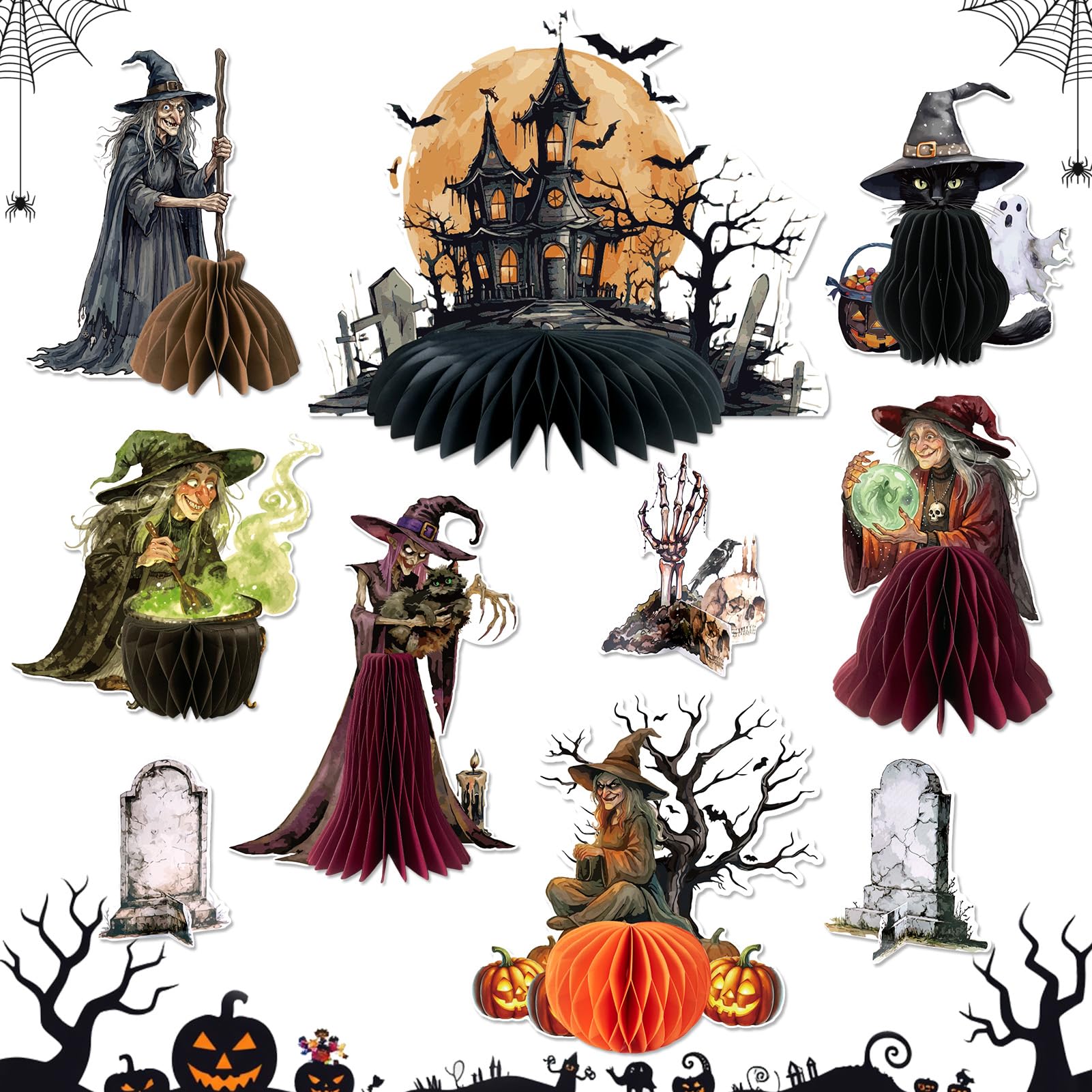 SUNBEAUTY 10pcs Halloween Witch Honeycomb Table Centrepiece Decorations