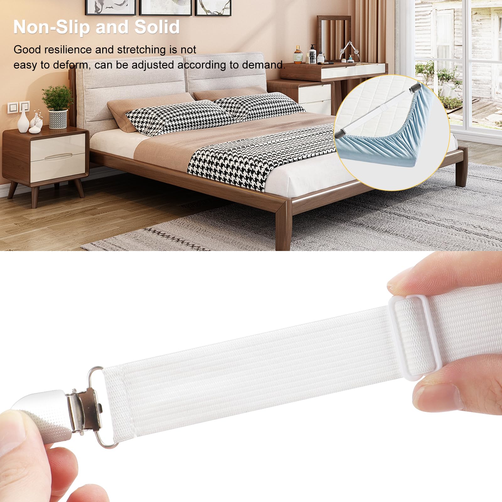 Ztowoto Adjustable Bed Sheet Straps - 5 Pack Elastic Sheet Holders With Clips, Fits Mattress Covers, Sofa Cushions & More (Max 130cm Length, White)