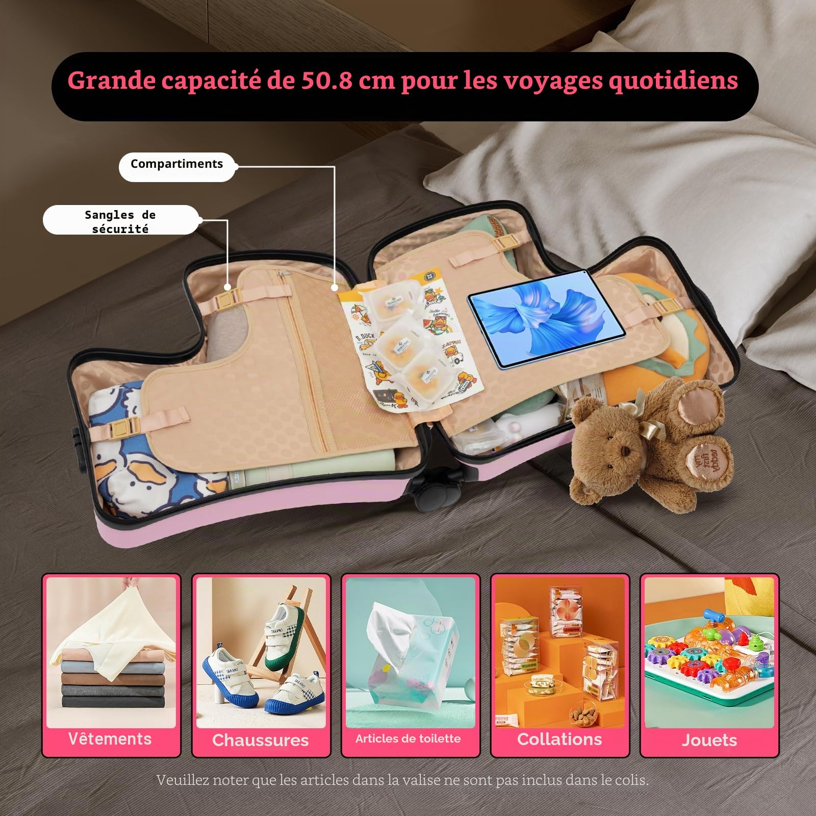 Kids Ride On Suitcase, valise pour enfant avec roulettes, valise pour enfant pour s'asseoir dessus – Particulièrement sûr grâce à la sangle et aux poignées – Chariot pour enfant avec