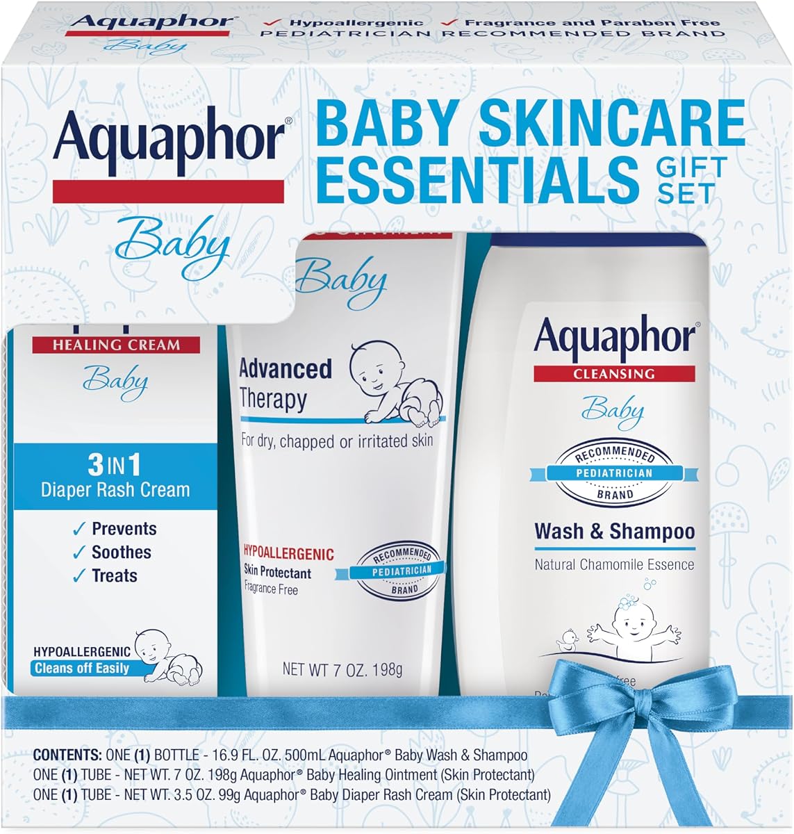 Aquaphor Baby Skin Care Essentials Gift Set, 3 Item Variety Pack | Baby Wash and Shampoo (16.9 FL OZ), Healing Ointment for Chapped Skin and Drool Rash (7 OZ), Diaper Rash Cream (3.5 OZ)