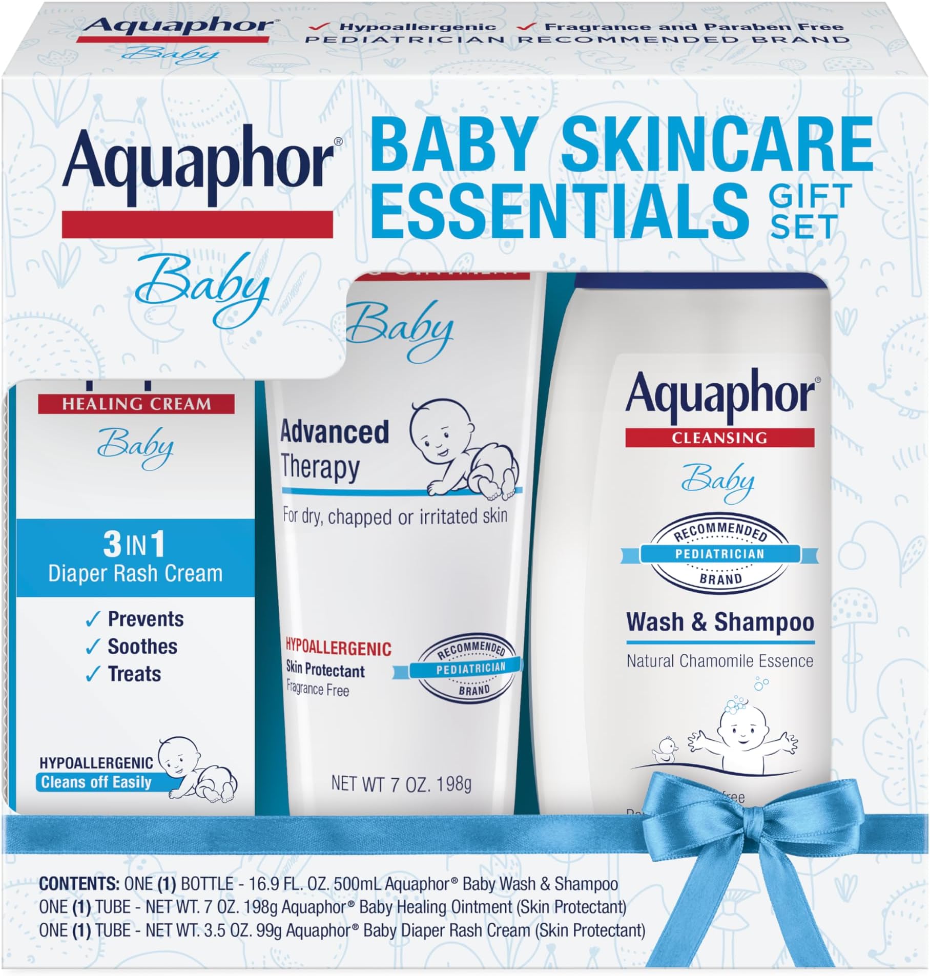 Aquaphor Baby Skin Care Essentials Gift Set with Baby Wash and Shampoo (16.9 Fl Oz) + Healing Ointment for Chapped Skin and Drool Rash (7Oz) + Diaper Rash Cream (3.5Oz), Hypoallergenic