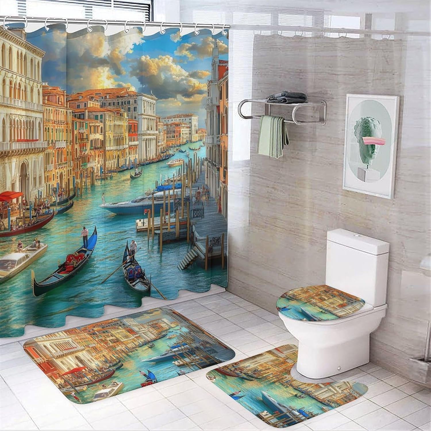Venice Grand Canal Modern Bathroom Sets with Shower Curtain and Rugs Decor 4 Pcs with 12 Hooks