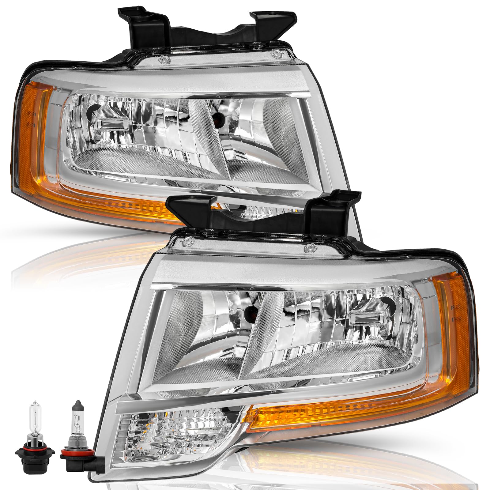 Headlight Assembly Fit for 2015-2017 Ford Expedition Driver Passenger Side Chrome Headlamp Replacement w/Bulbs