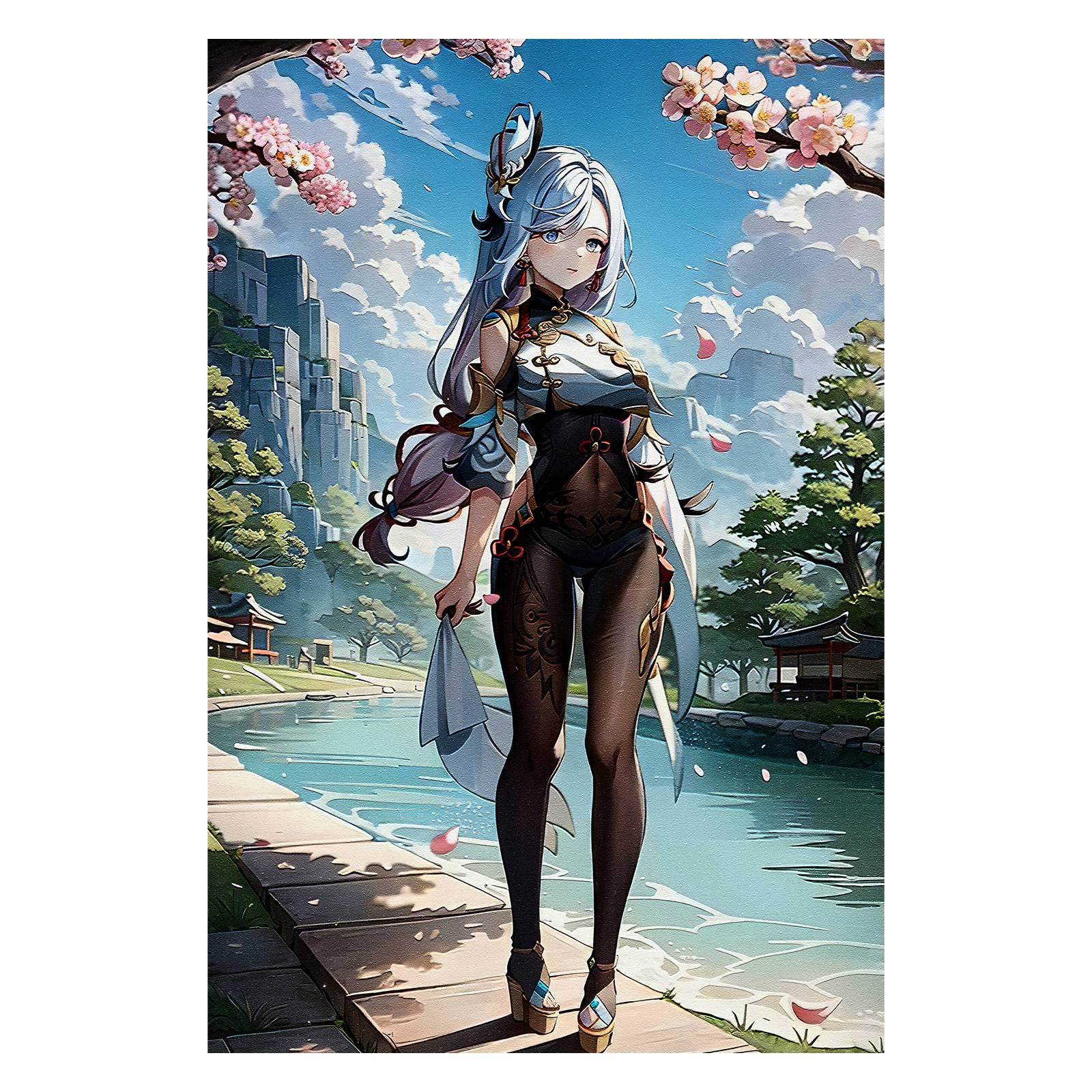 Genshin Impact Shenhe Creative Design Illustration HD Watercolor Wall Art Canvas Print Poster Boys Room Decor (18x12 No Framed,C)