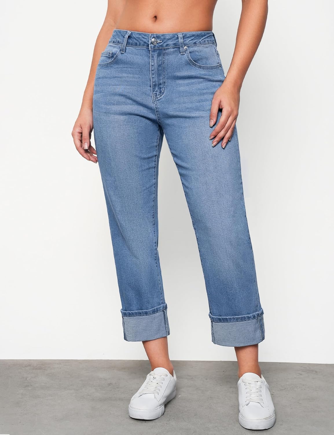 luvamia Straight Leg Jeans for Women Trendy Cropped High Waisted Cuffed Hem Stretchy Boyfriend Capri Jeans with Pockets - Image 9