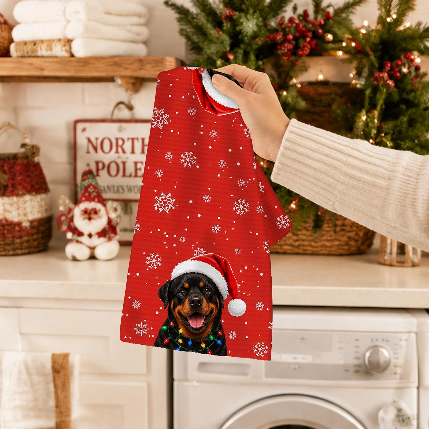Red Christmas Winter Rottweiler Kitchen Towels Dishcloths, Rottweiler Gifts Hand Towels for Bathroom Decor, Dog Mom Dad Lover Gifts, Winter Xmas Snowflake Dog Dish Towel for Kitchen 16x24in image 5