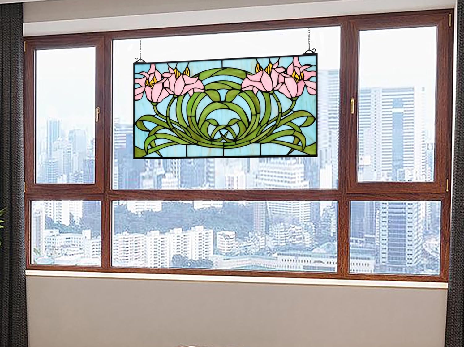 Yogoart Rectangle Horizontal 23 Inch Orchid Stained Glass Window Panels Hanging Transom Window 12 Inch Wide Panels with Hanging Chain