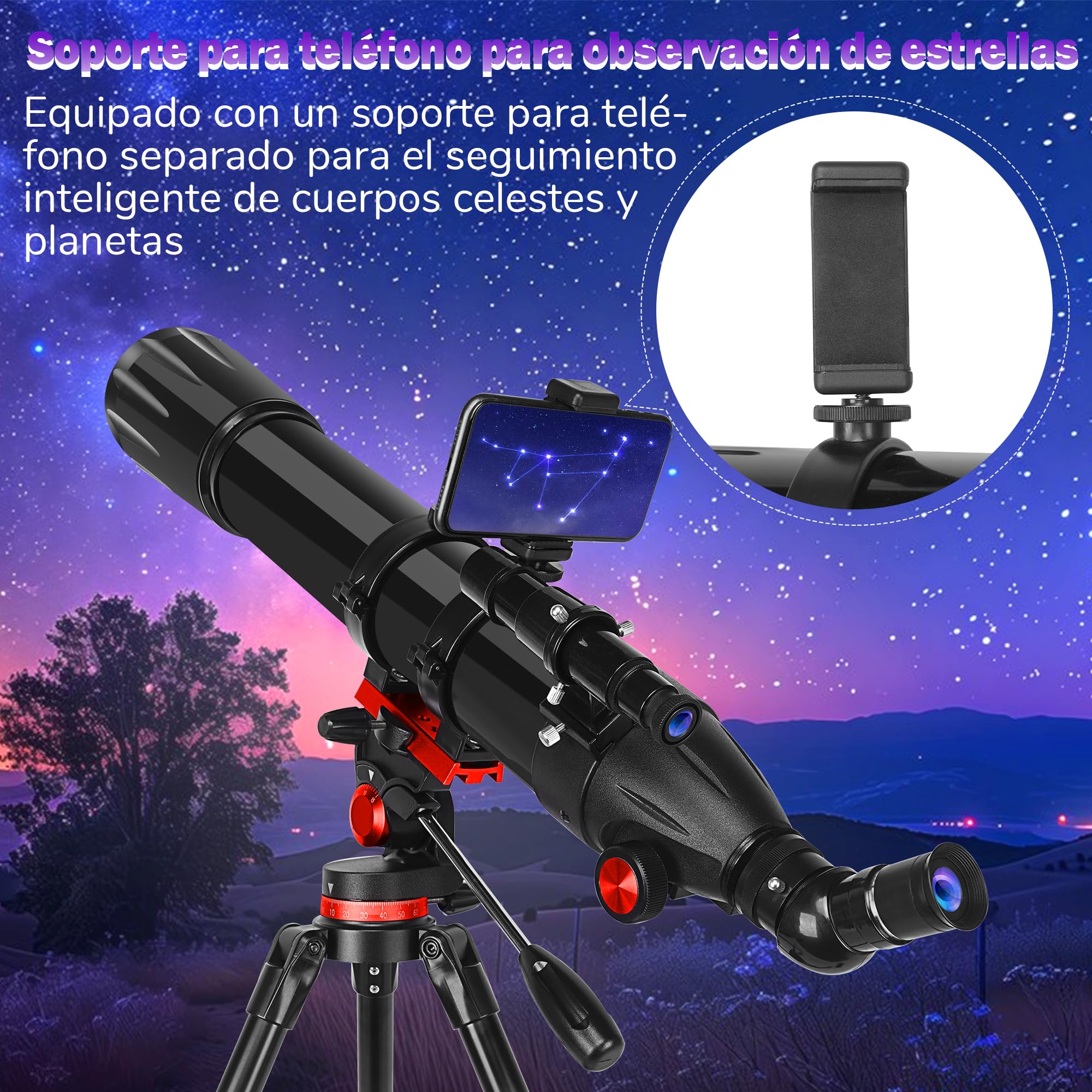 HETEKAN Telescopio Astronómico 90/900mm, Telescopio Refractor para Adultos y Principiantes, 36X-450X, con Trípode de Acero Inoxidable y Adaptador de Teléfono