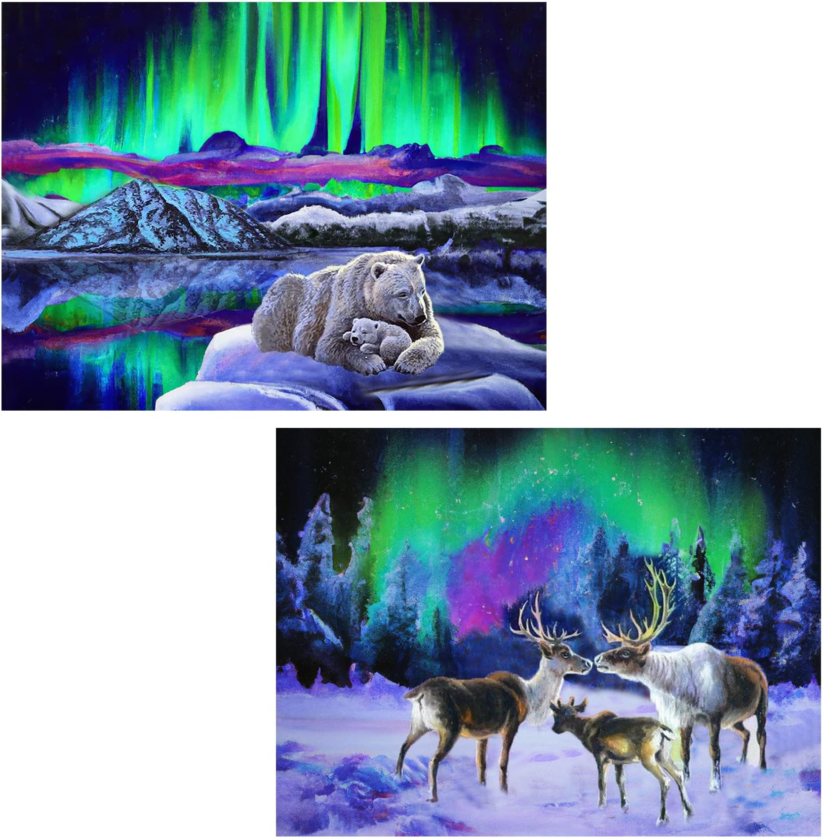 2 Pack Aurora 5D Diamond Painting Polar Bear & Deer Full Drill by Number Kits, Ginfonr Craft Rhinestone Polar Lights Paint with Diamonds Set Arts Decorations (12'' x 16'')