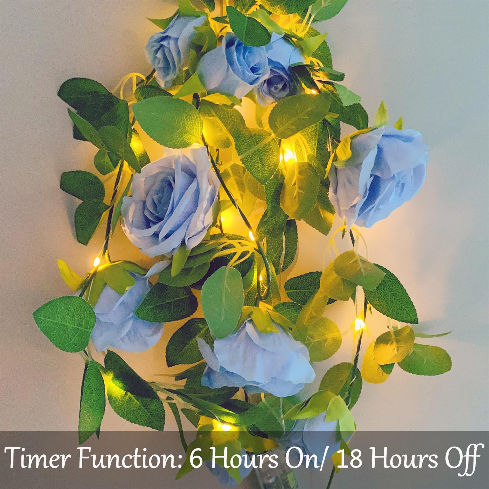 Fielegen 6.56 FT Halloween Artificial  Rose Vine Lights Fake Floral Garland Wall Decoration Faux Plants Rose Vine with 20 LED Fairy Lights Battery Operated String Lights for Garden Wedding Decor: Blue