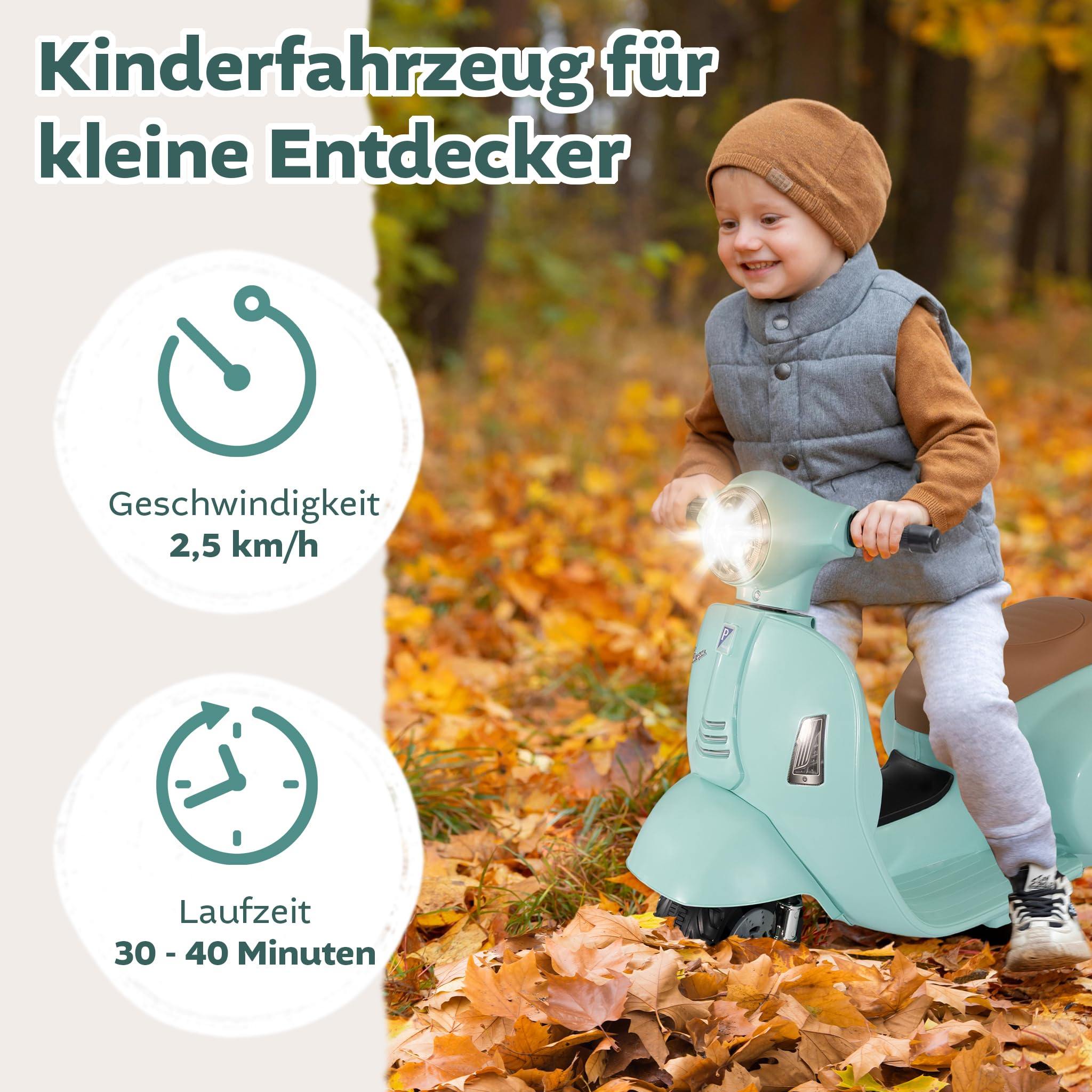 LEMODO Elektrofahrzeug Vespa in grün, Kinder Motorrad ab 18 Monate, Elektromotorrad mit Licht und Sound, Kinderroller mit abnehmbaren Stützrädern, Lizenziertes Kinderfahrzeug
