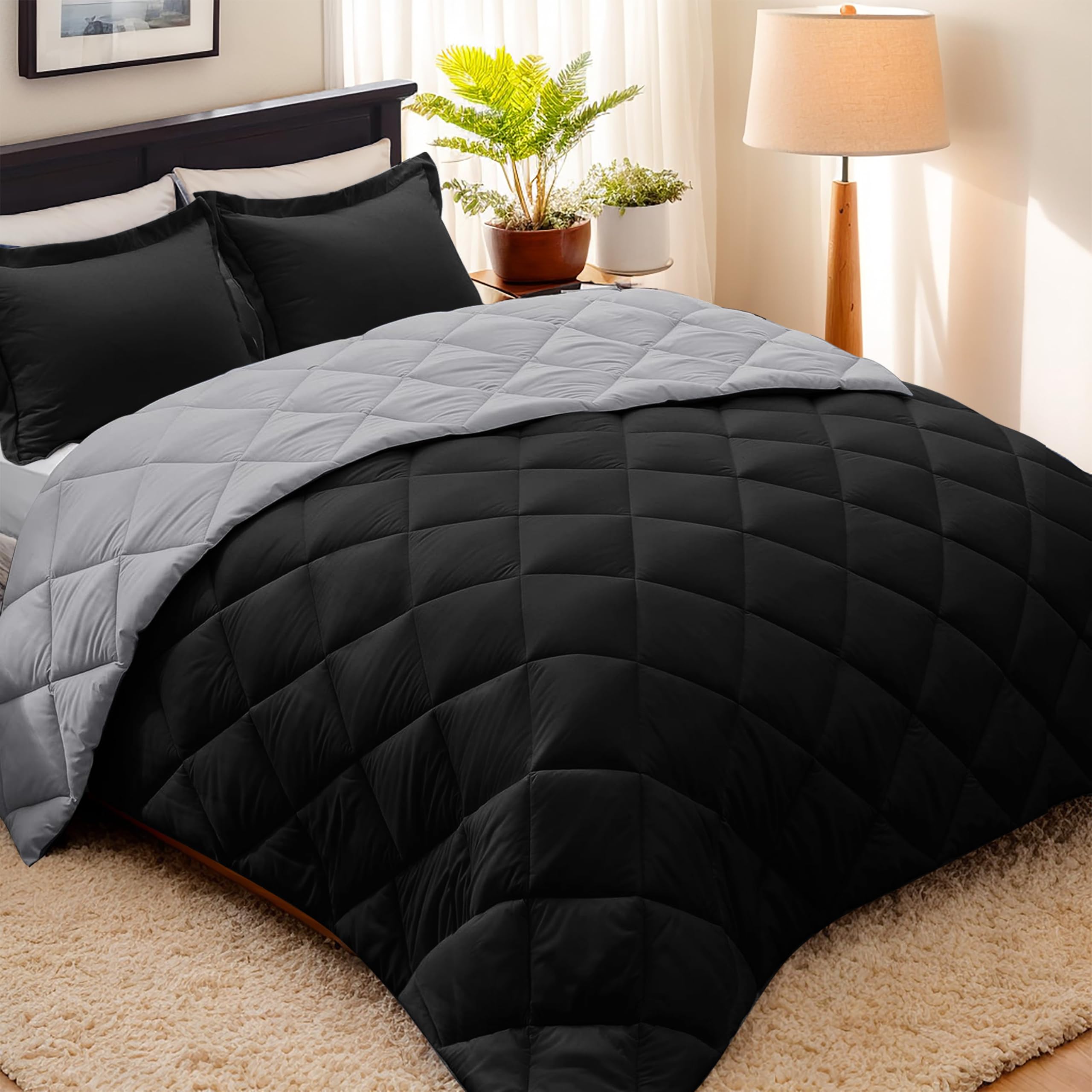 HIG 3pc Black Twin/Twin XL Comforter Set - All Season Reversible Down Alternative Comforter with Sham - Quilted Duvet Insert with Corner Tabs -