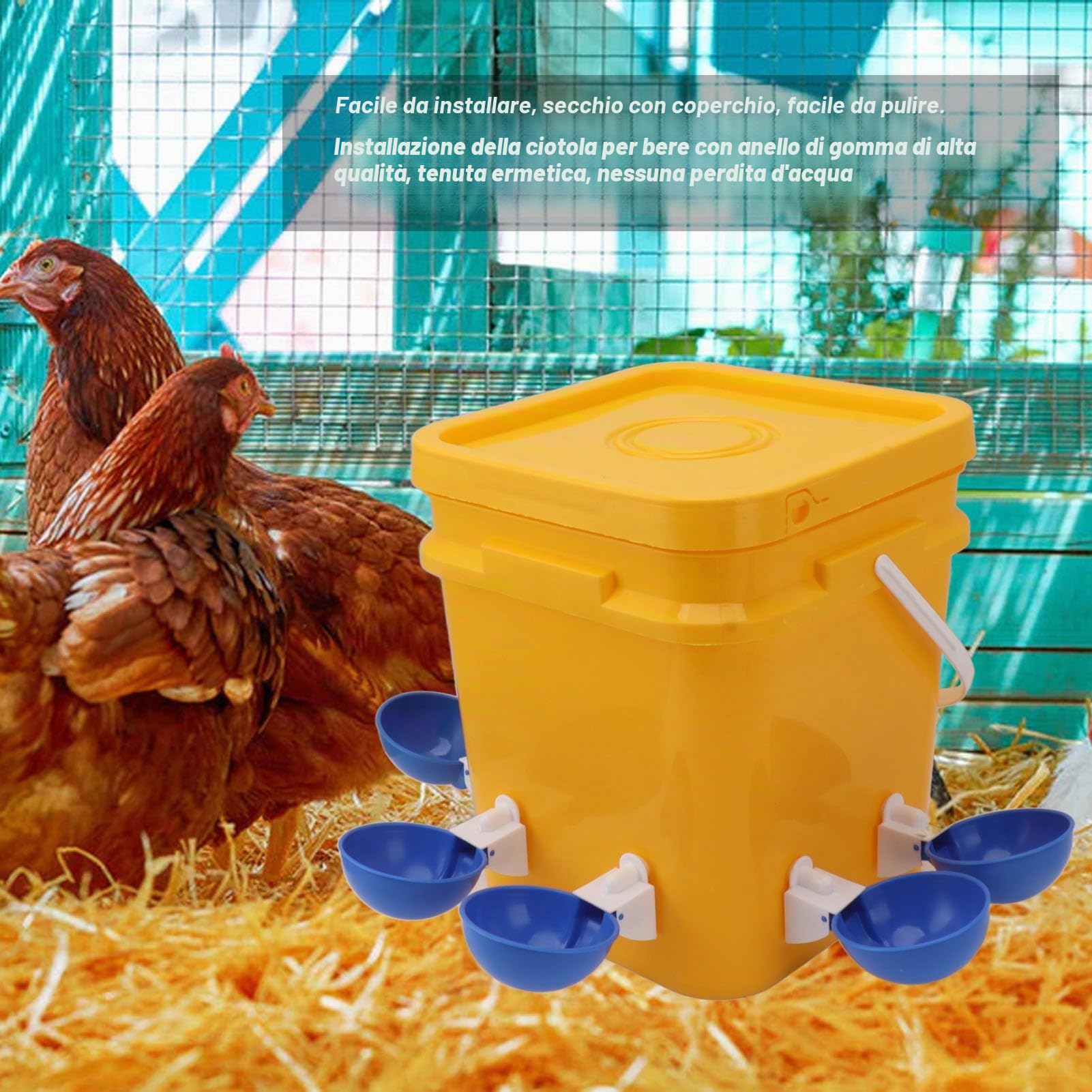 Abbeveratoio Automatico per Pollame, Distributore di Acqua per Polli con Tazza, Sistema di Alimentazione a Gravità 12L, Plastica Durevole, per Galline Pulcini Anatre Oche Quaglie Piccioni