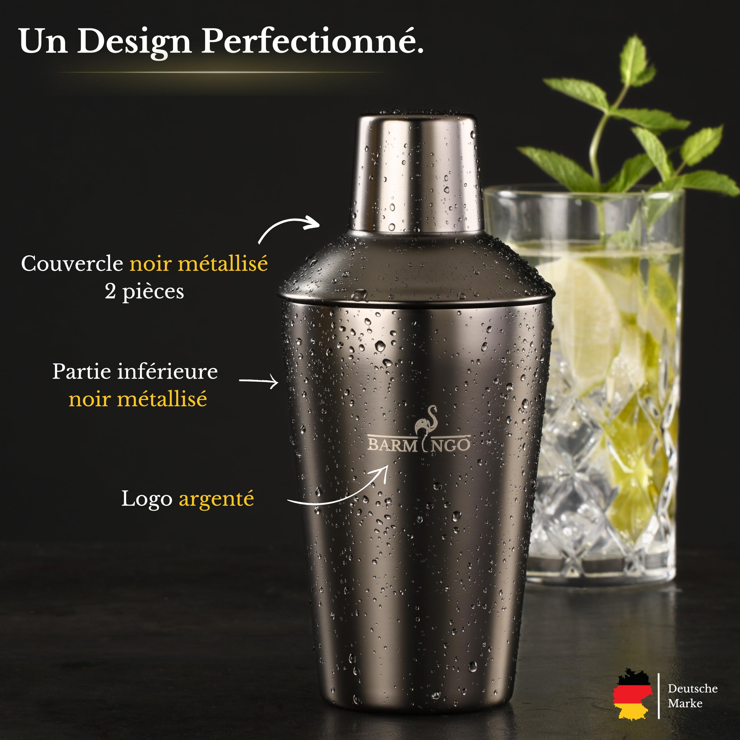 Shaker Cocktail Kit | 5 Pièces, Volume de 500 ML, Noir Métallisé | Shaker Cocktail INOX avec Accessoires de Bar | Set Barman Cocktail Shaker | Kit Cocktail Professionnel