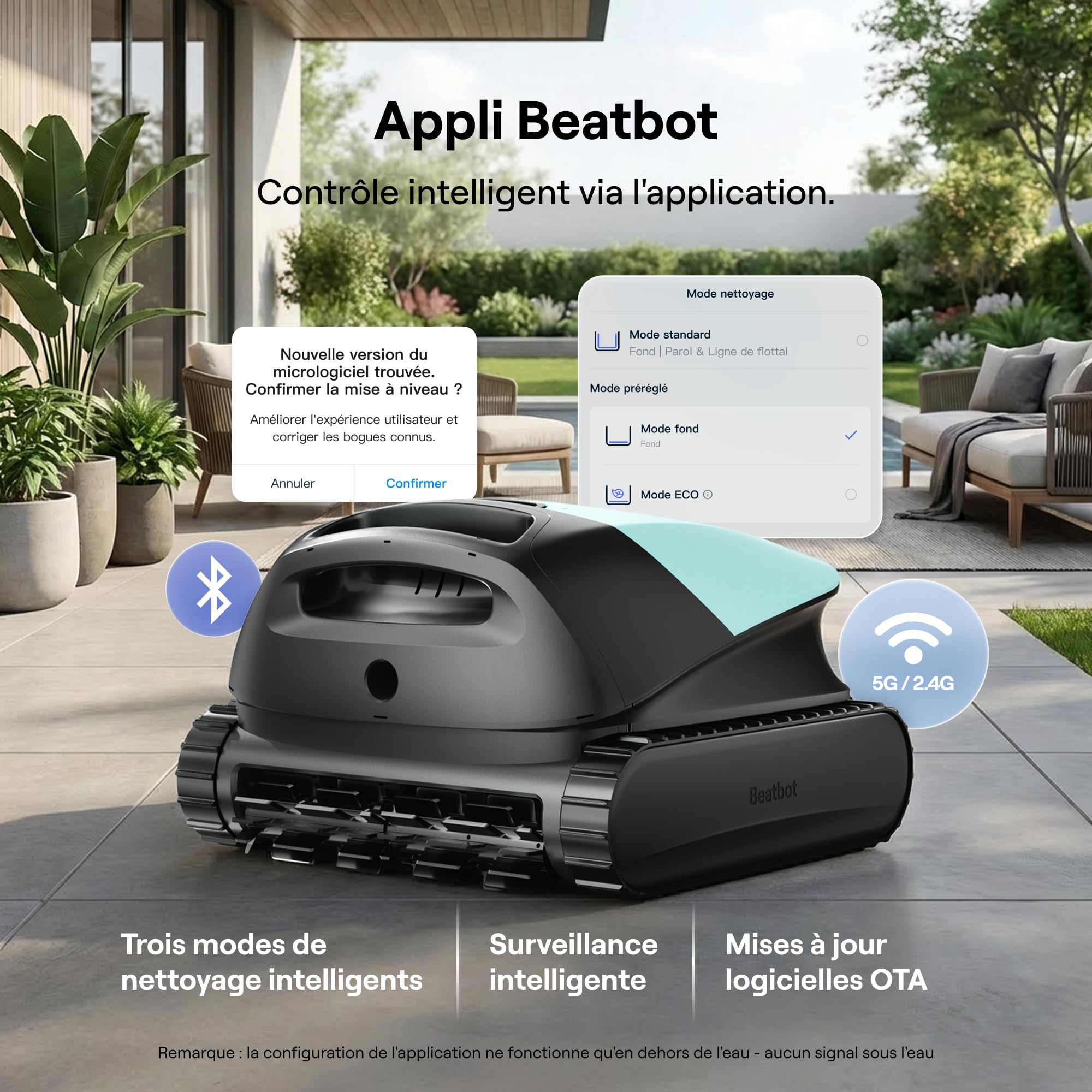 Beatbot Sora 10 Robot Piscine sans Fil 25700 LPH Fond Parois Ligne d'eau Plages Immergées Filtre 5L Spécial Feuilles 300 Min 300m² Vert