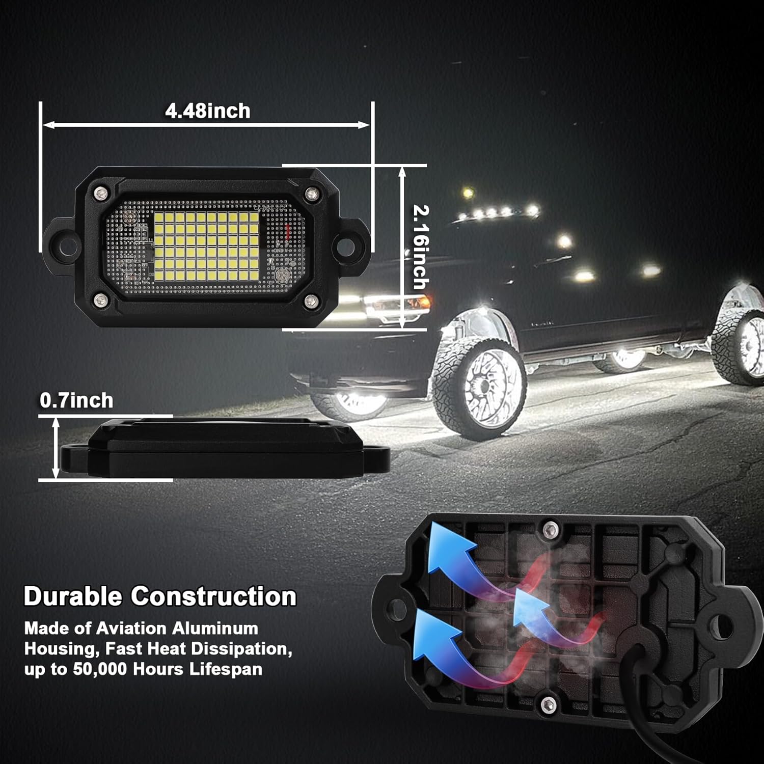 8PCS 6500K Pure White Rock Lights, 60-LED 1800LM Super Bright, Die-Cast Aluminum IP68 Waterproof, 15FT Heavy-Duty Wiring, 160° Wide Beam for Trucks/UTV/ATV/RZR