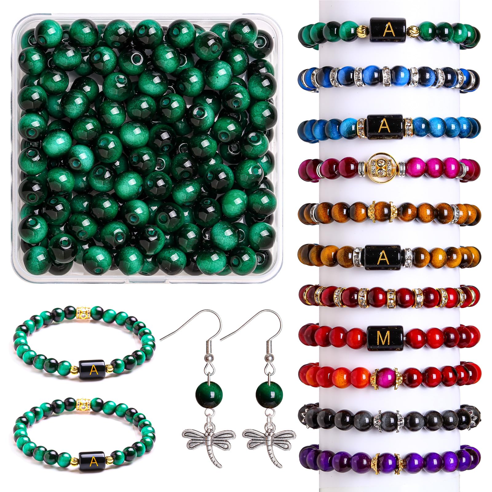 8mm Green Tiger Eye Glass Beads with Storage Box,100 Pcs Round Gemstone Crystal Glass Beads for Jewellery Making, DIY Bracelet Necklace Earring and Crafting
