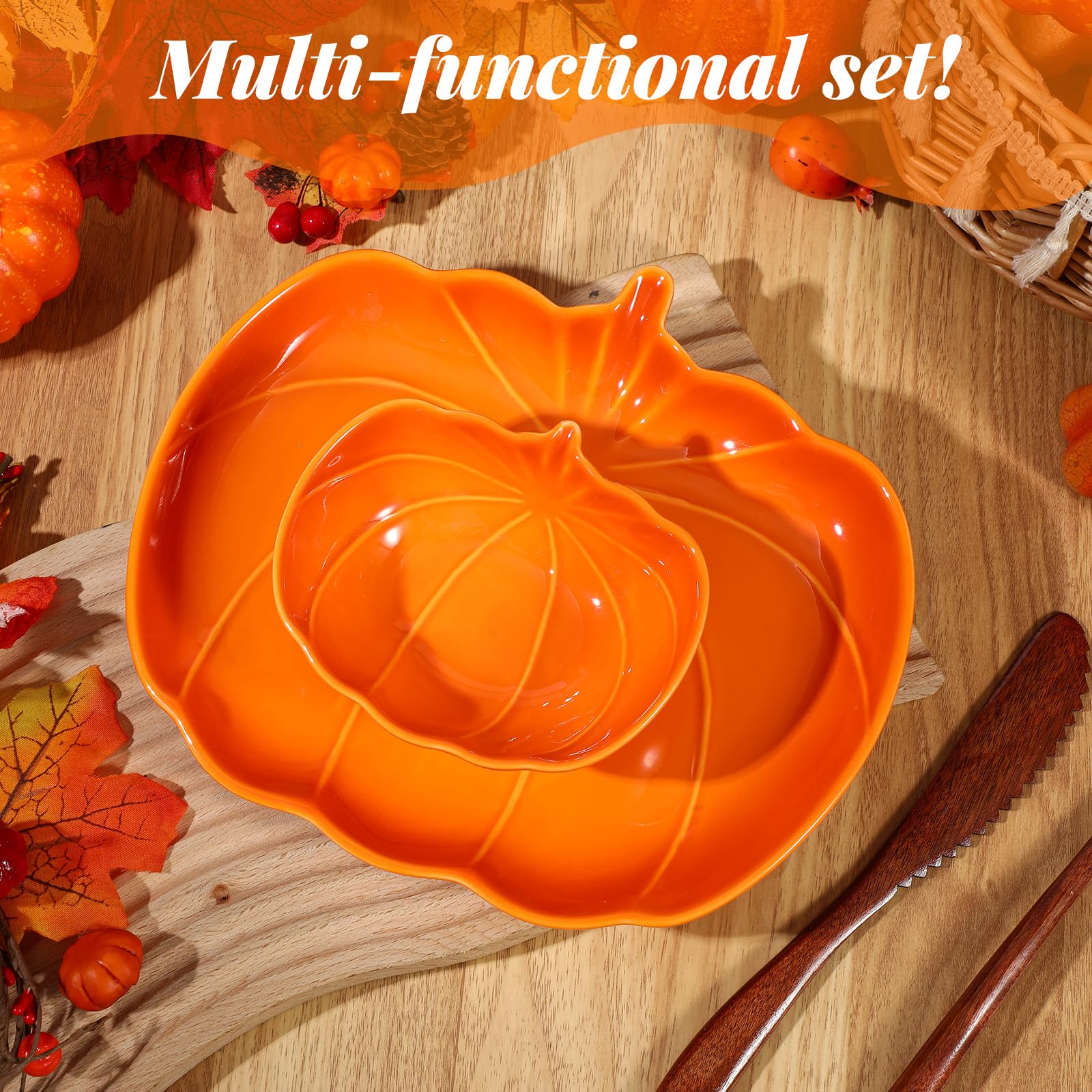 Tioncy Lot de 4 bols et assiettes en forme de citrouille en céramique pour apéritifs, desserts, collations, salade, cuisine, fête