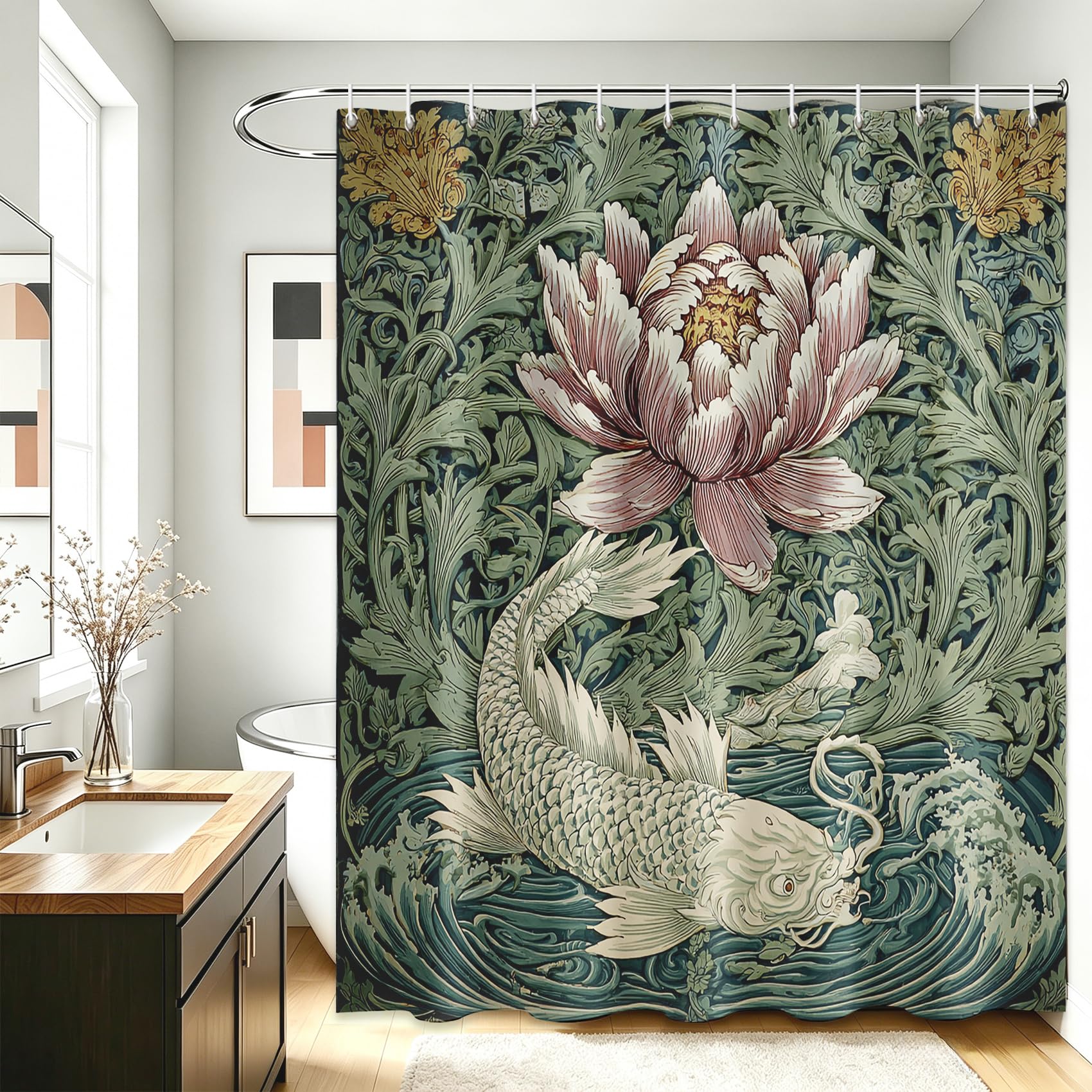 Générique Rideau de Douche Carpe Koï Japonaise 180x200cm | Rideau Douche Fleurs Plantes William Morris Tissu Polyester Hydrofuge Rideau Baignoire pour Salle de Bain avec Crochets