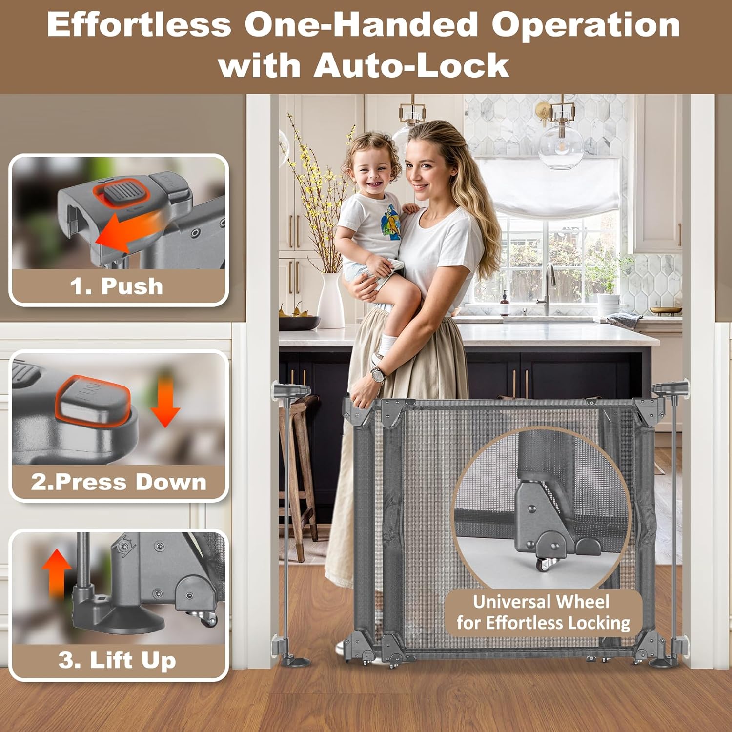 GRENFU 28" Tall No Drill Dog Gate for Stairs, Dual-Opening Sliding Pet Gate, Fits 32-55" Wide Expandable Dog Gates Indoor No Bottom Bar Baby Gate No Drill & Adjustable Width & Angle Mesh Gate, Gray