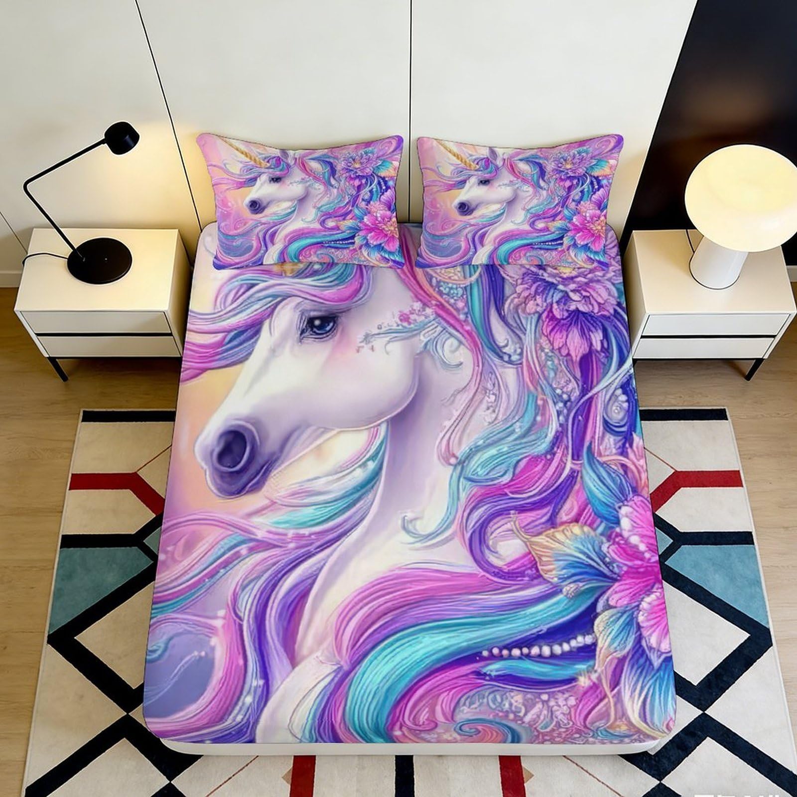 Pnayamiorkfel Style-1 3D Printed Fantasy Unicorn Fitted Sheet Microfiber Pastel Rainbow Floral Bed Cover For Bedroom Dorm Mattress Protection Decor 90X200x25cm