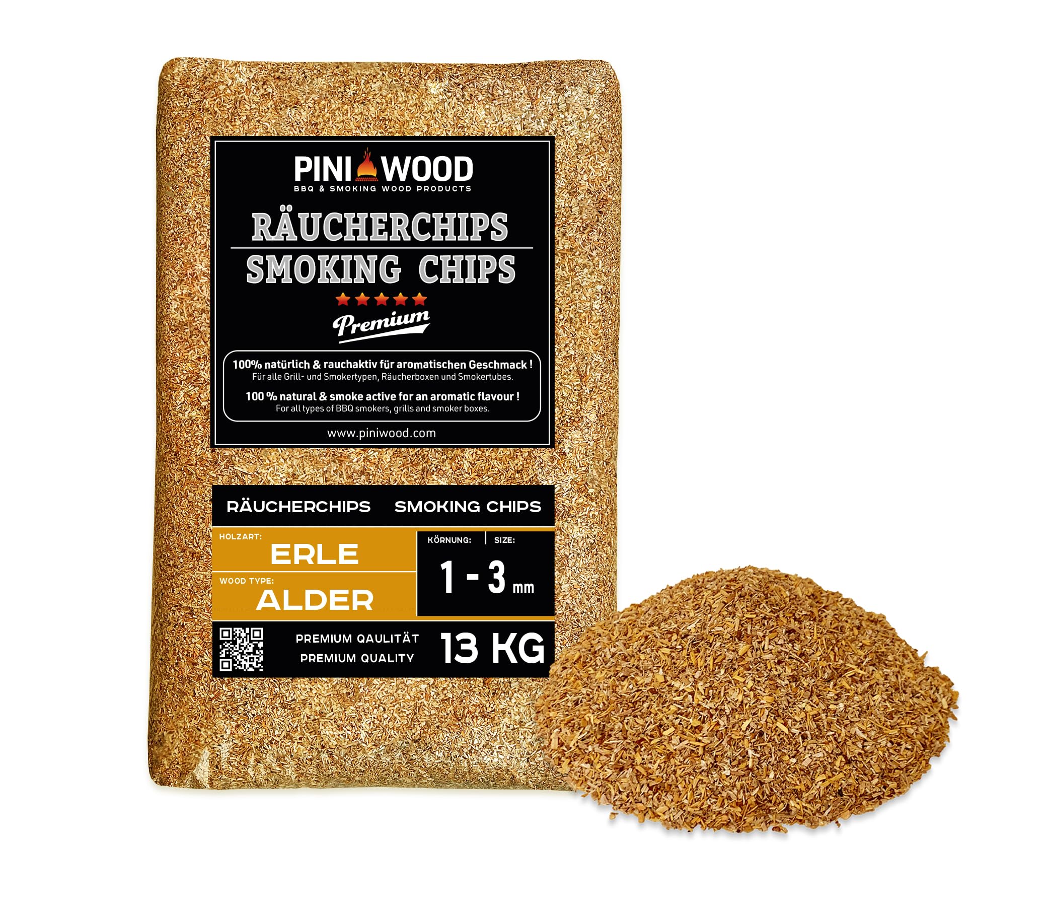 PINI 13 kg di trucioli per affumicatura di ontano senza corteccia, 1-3 mm